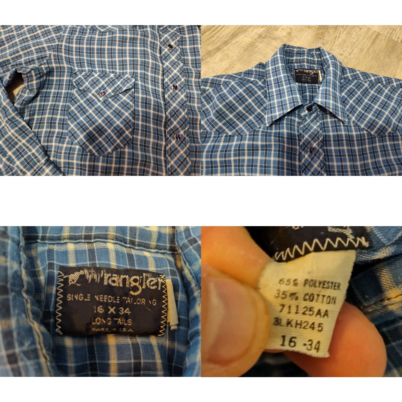 Wrangler VINTAGE Wrangler Western Shirt Men 16/34 Pearl Snap Long Sleeve Blue XL US-Made Cowhide Likely 80s 90s Cowboy Cut Mens Size US L / EU 52-54 / 3 - 8 Thumbnail