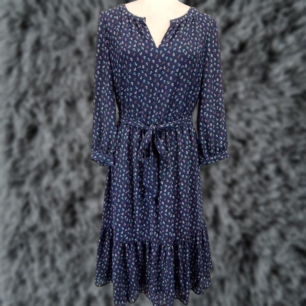 Talbots Midi Dress 10 Anchor Nautical Flounce Hem Split Neck Belted Casual  Women Multicolor Polyester Blend