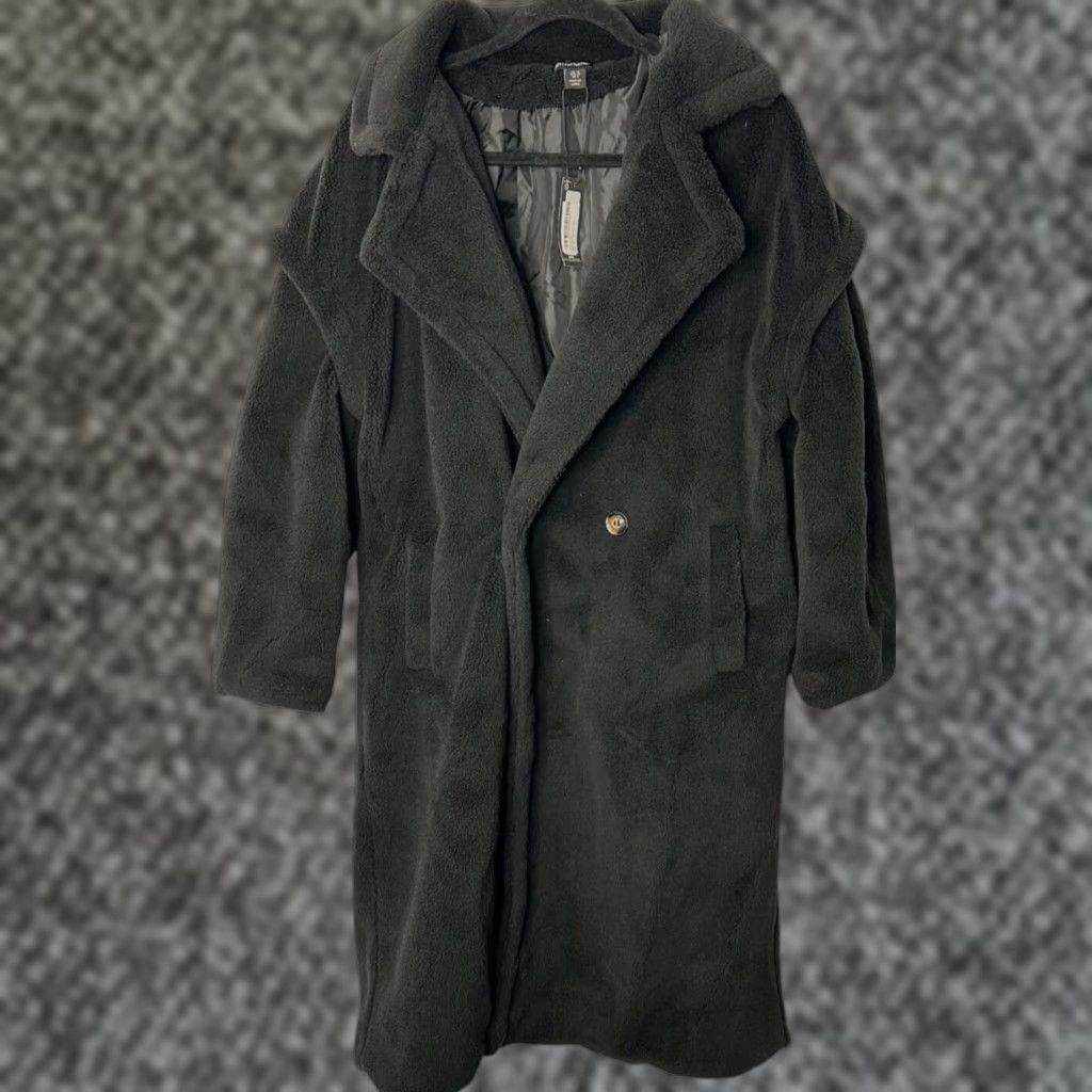 NEW Pretty Little Thing Teddy Bear Borg Coat Size 6 Black Trench Long Oversized