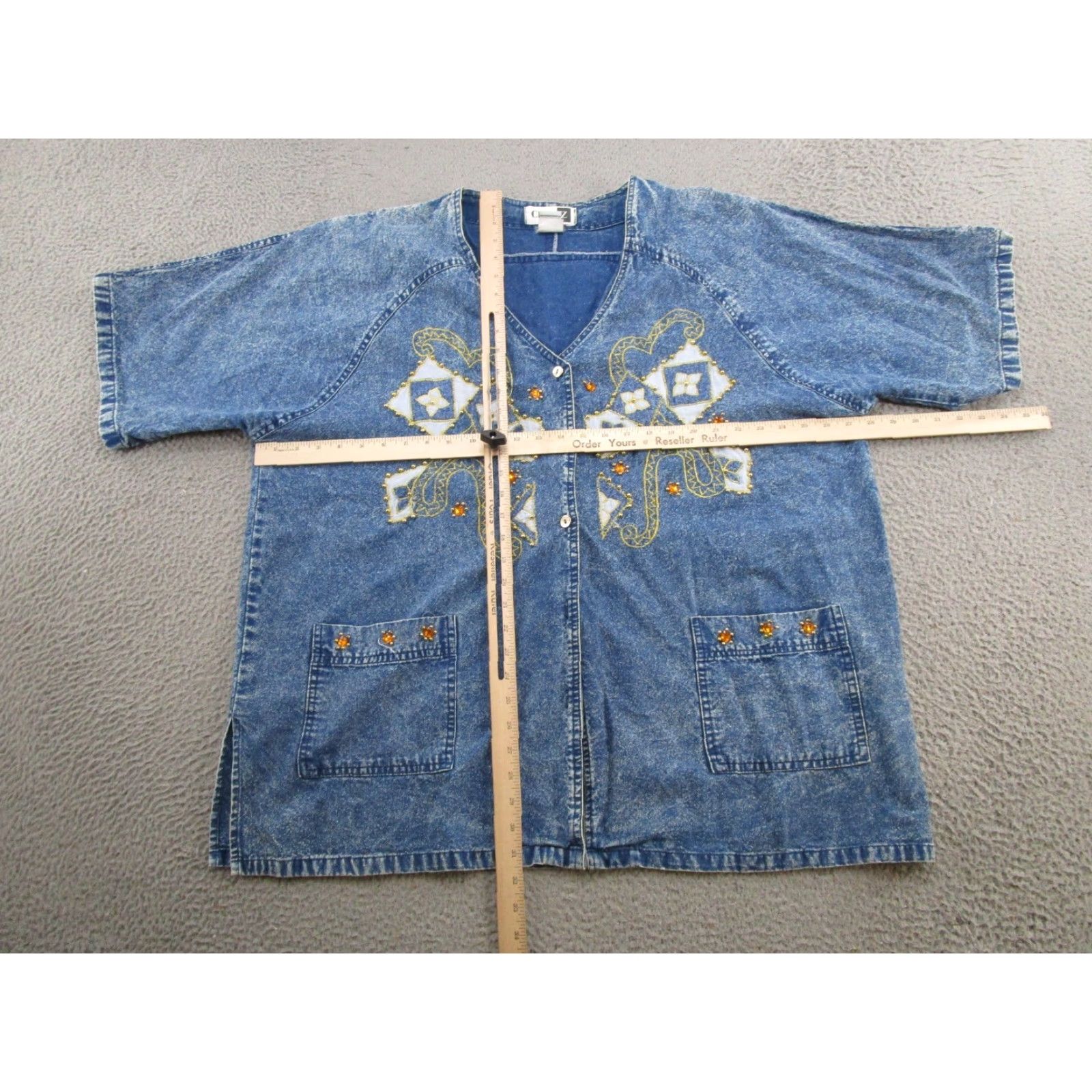Denime VINTAGE Z Club Denim Shirt Blouse Short Sleeve Women 22-24 Blue 80s Embroidered Jeanswear Bling Jewels Shirts Womens Size 3XL / US 20-22 - 5 Thumbnail
