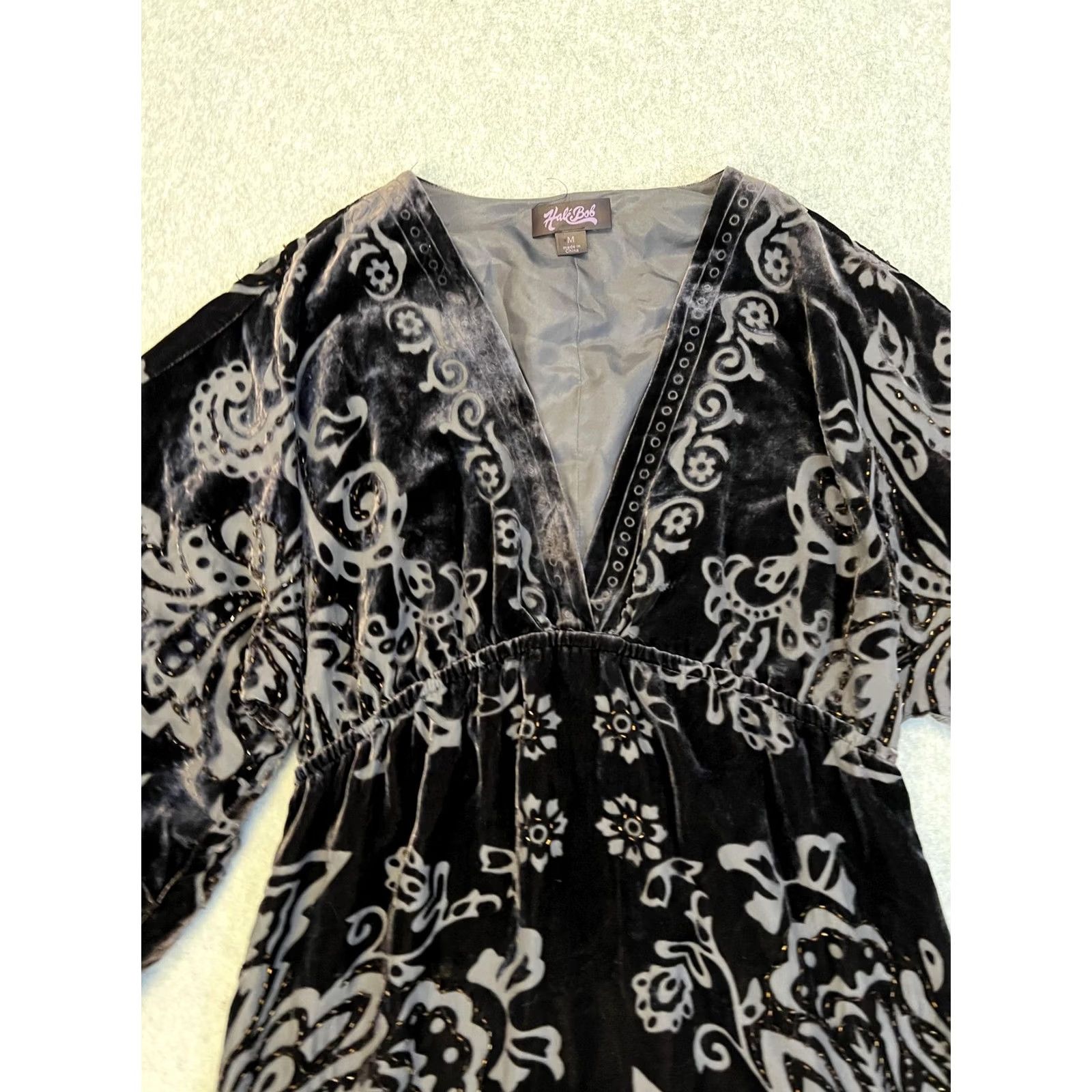 Vintage Hale Bob Dress Womens M Black Velvet Paisley Beaded Kimono Sleeve Short Boho Size 32" / US 10 / IT 46 - 4 Thumbnail