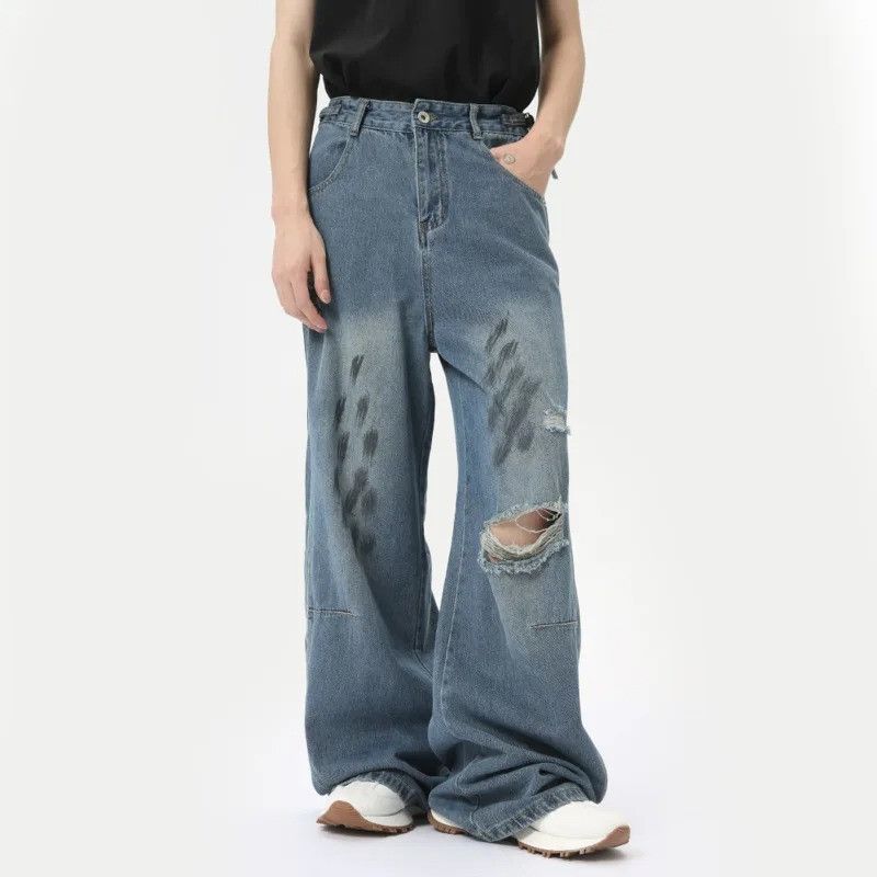 Designer × Vintage Worn-out Holes Wide Leg Denim Size US 32 / EU 48 - 1 Thumbnail