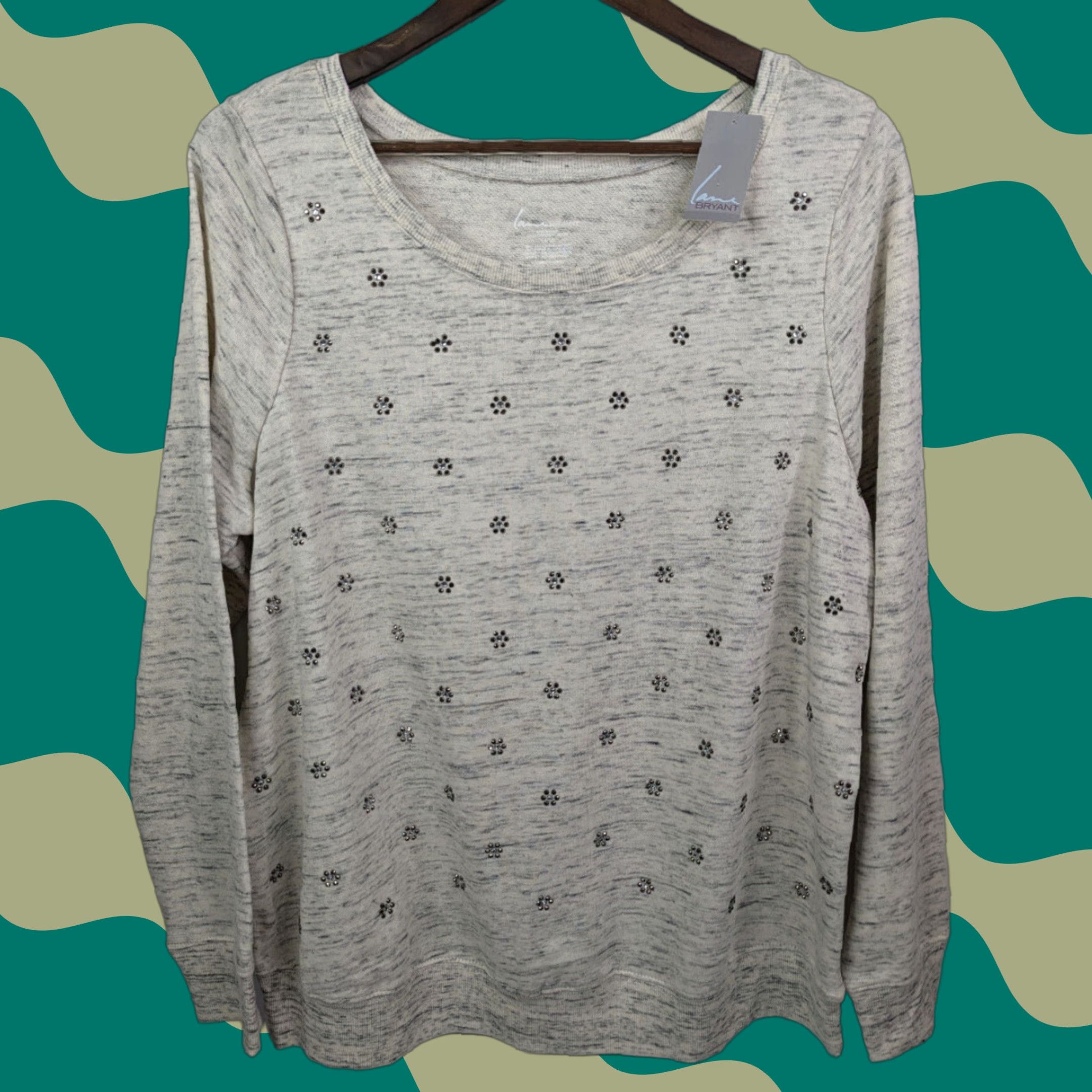 Vintage Lane Bryant NWT Heathered Rhinestone Scoop Neck Long Sleeve Top Pullover 14/16 Ivory Women Blouse Size XL / US 12-14 / IT 48-50 - 1 Thumbnail