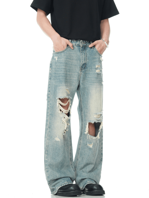 Japanese Brand × Jean American retro high street washed straight-leg ripped jeans Size US 32 / EU 48 - 2 Thumbnail