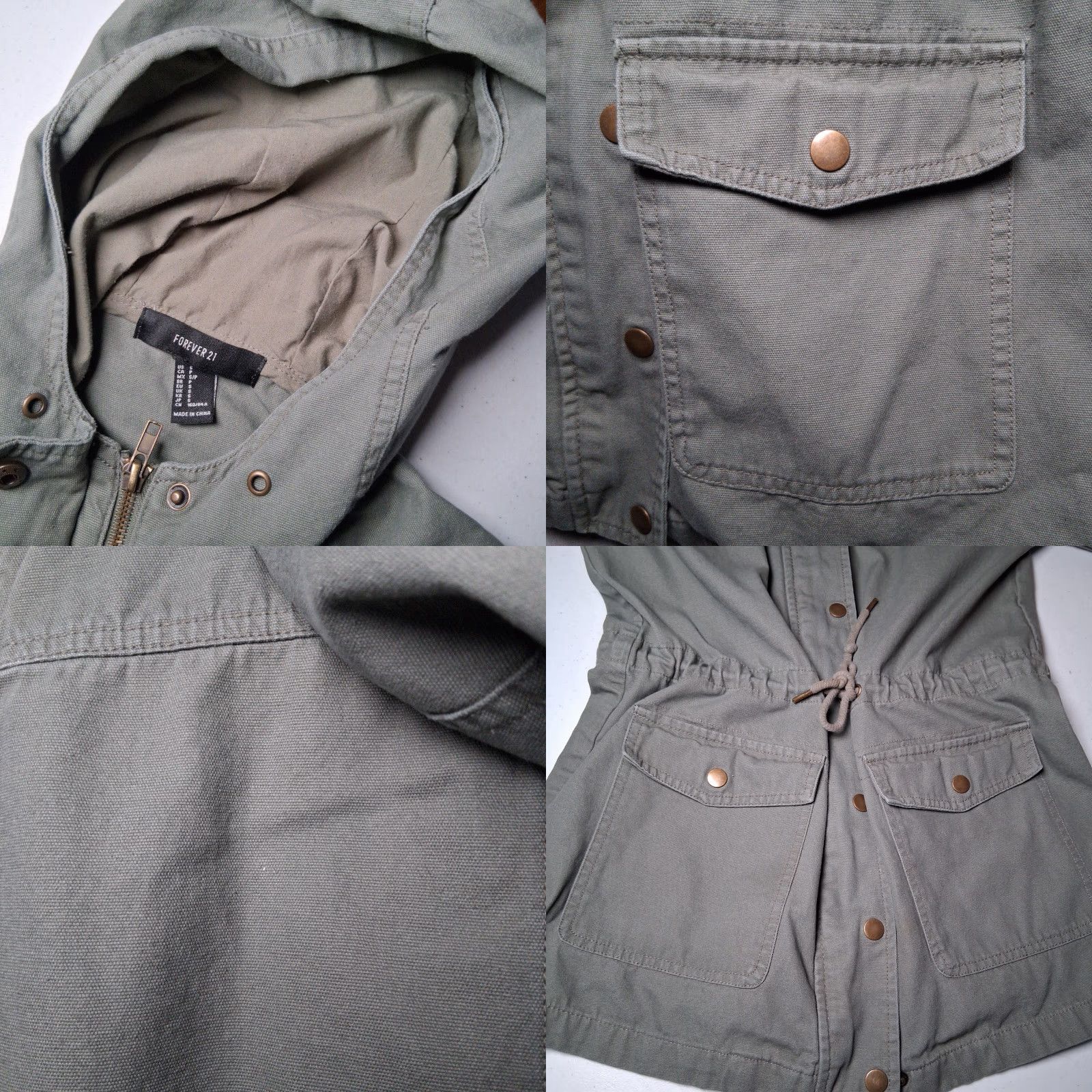 Forever 21 FOREVER 21 Utility Field Jacket Women S Army Green Lightweight Cargo Military Jacket with Pockets Hood Drawstring Waist Canvas Cotton Blend Size S / US 4 / IT 40 - 8 Thumbnail