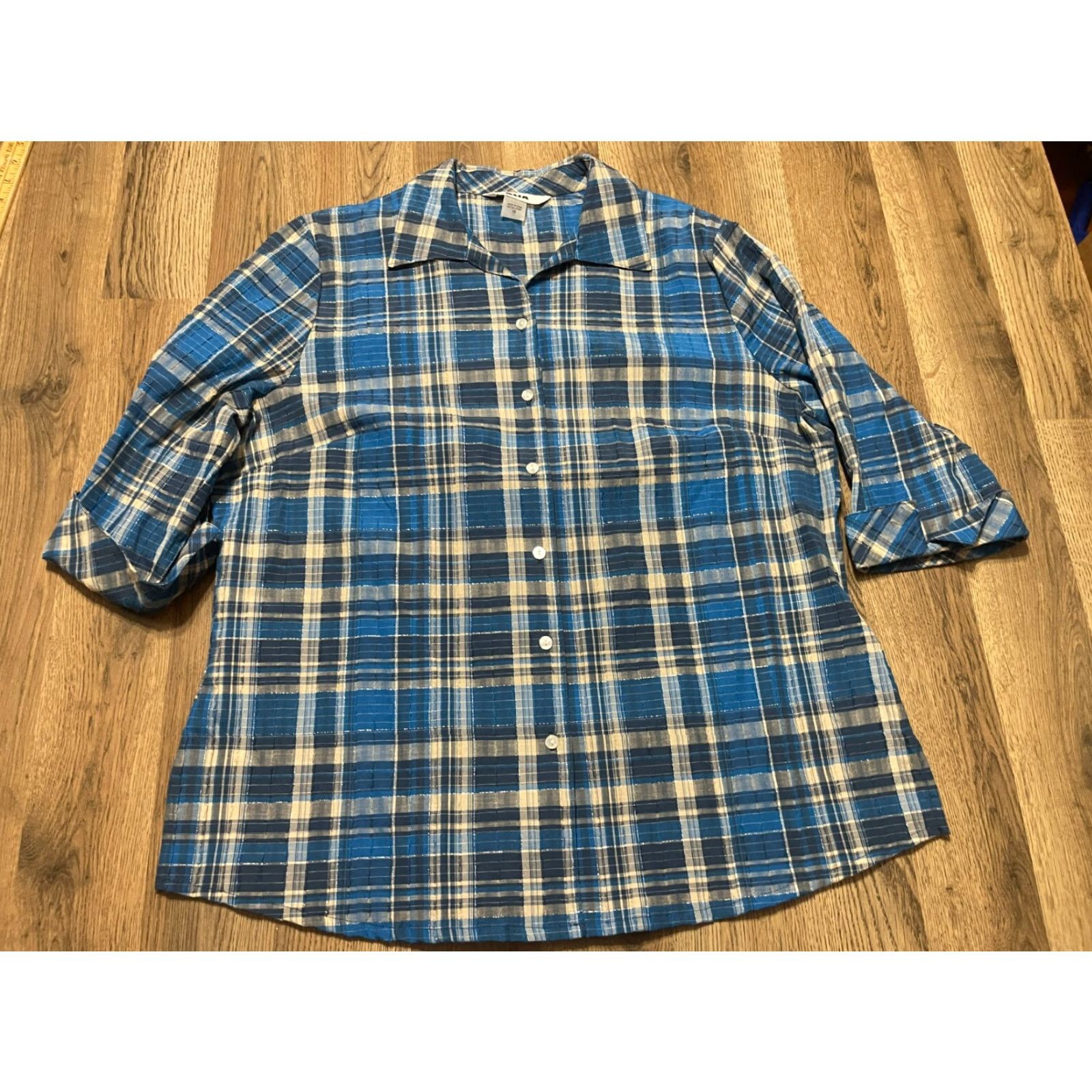 Vintage Alia Shirt Women's Button Up Long Sleeve Plaid Blue Cream Size 16 Size XXL / US 16-18 / IT 52-54 - 2 Thumbnail