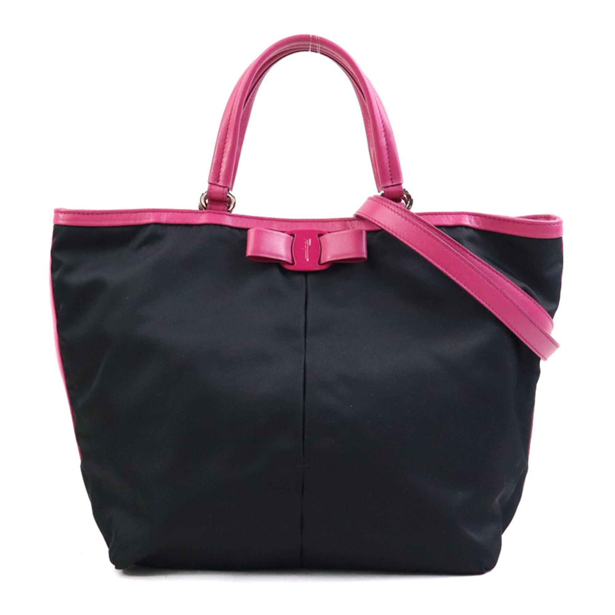 Salvatore Ferragamo Salvatore Ferragamo Vara Ribbon Nylon and Leather Handbag/Shoulder Bag in Black Pink. Free Shipping. (H31963a) Size ONE SIZE - 1 Thumbnail