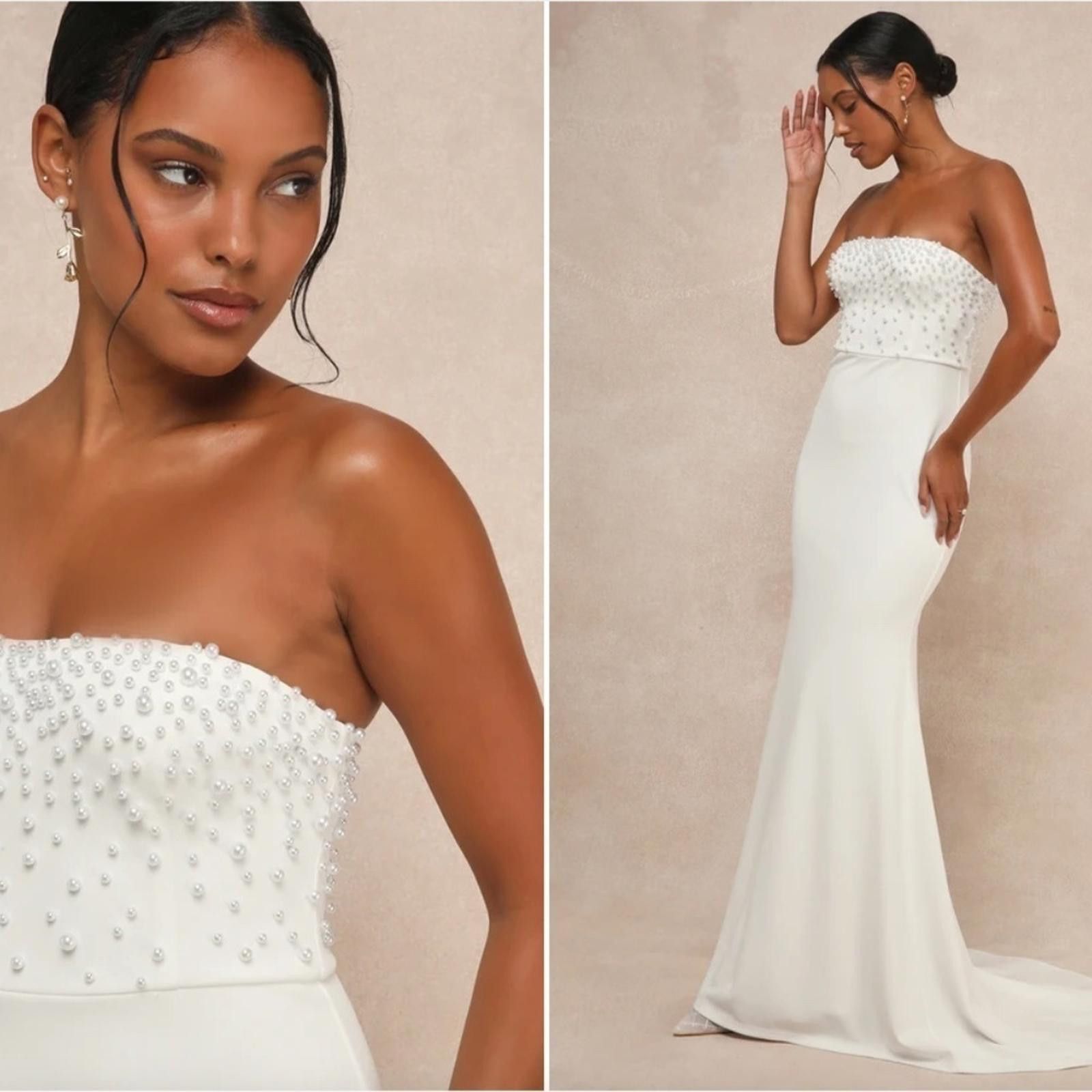 Lulus LULU's Wedding Elegant Sexy Pearl Bustier Sophisticated Gown Size L / US 10 / IT 46 - 1 Thumbnail
