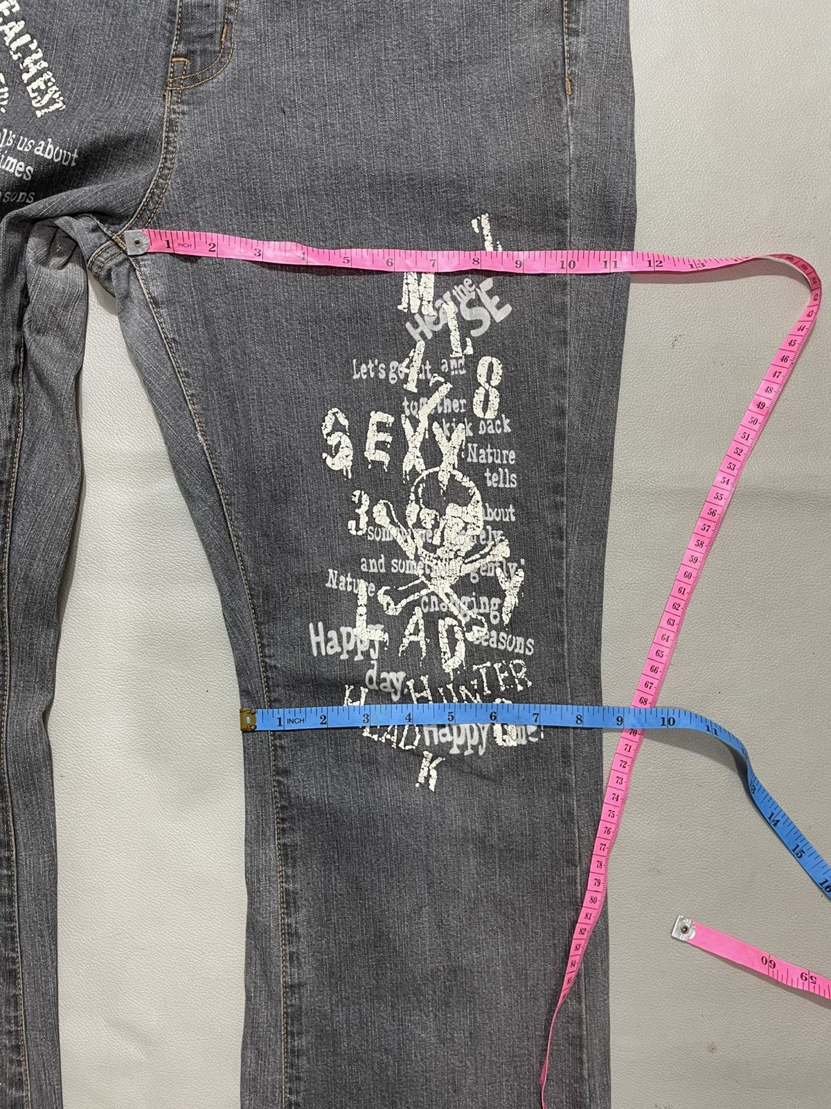 If Six Was Nine Japanese Punk Poem Flare Jeans Bootcut Washed Size US 35 - 11 Thumbnail