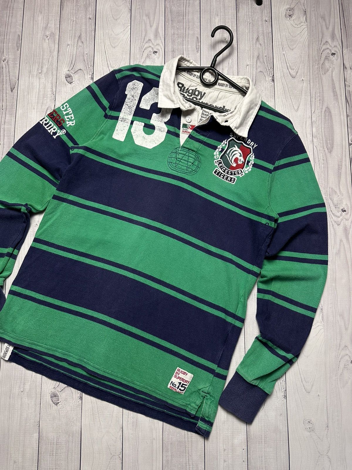 Vintage Leicester rugby striped green jersey Superdry Tigers