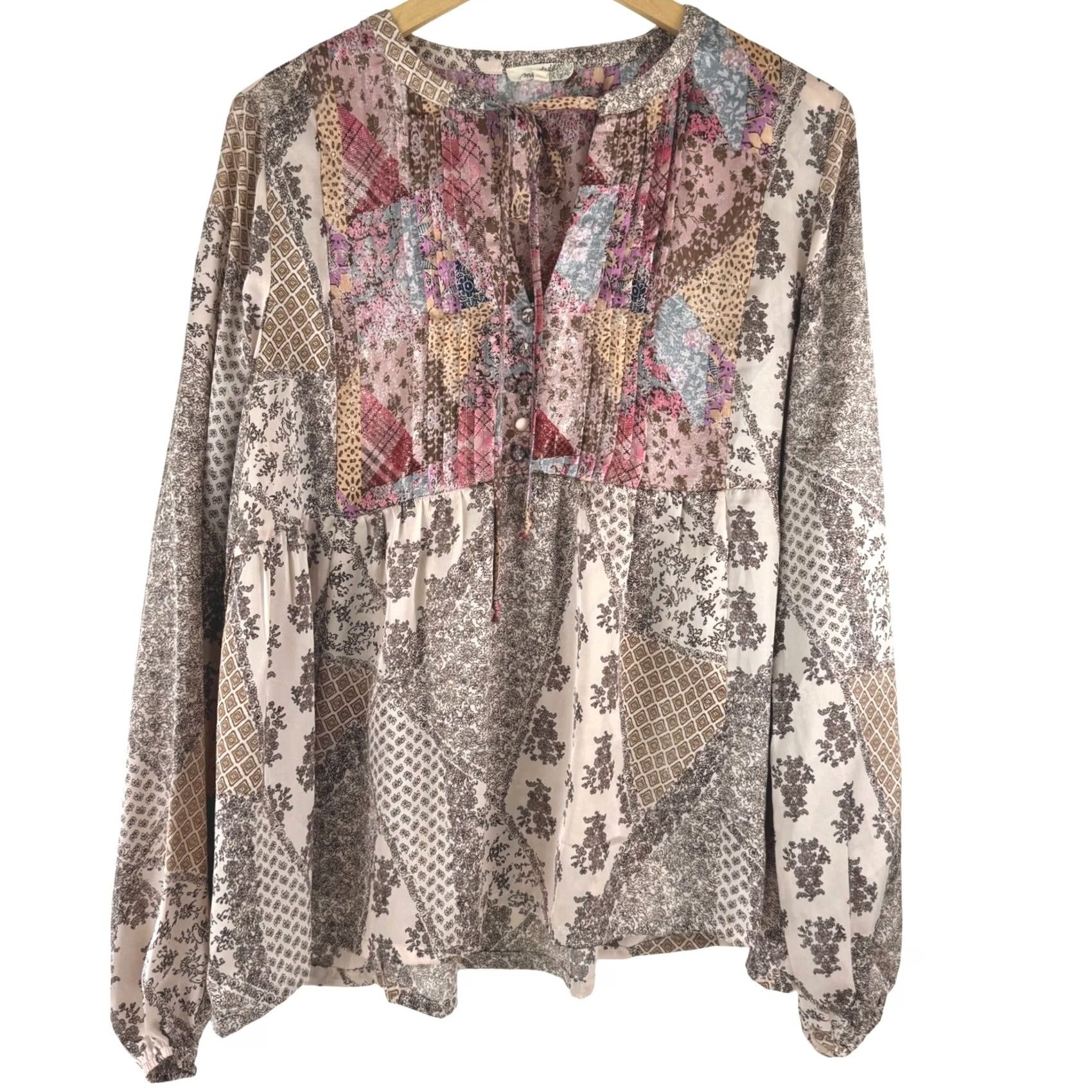 Vintage Mystree Blouse Women's Tunic V-Neck Balloon Sleeve Floral Patchwork Bohemian Chiffon Beig e Relaxed Casual Party/Cocktail L Size L / US 10 / IT 46 - 2 Thumbnail