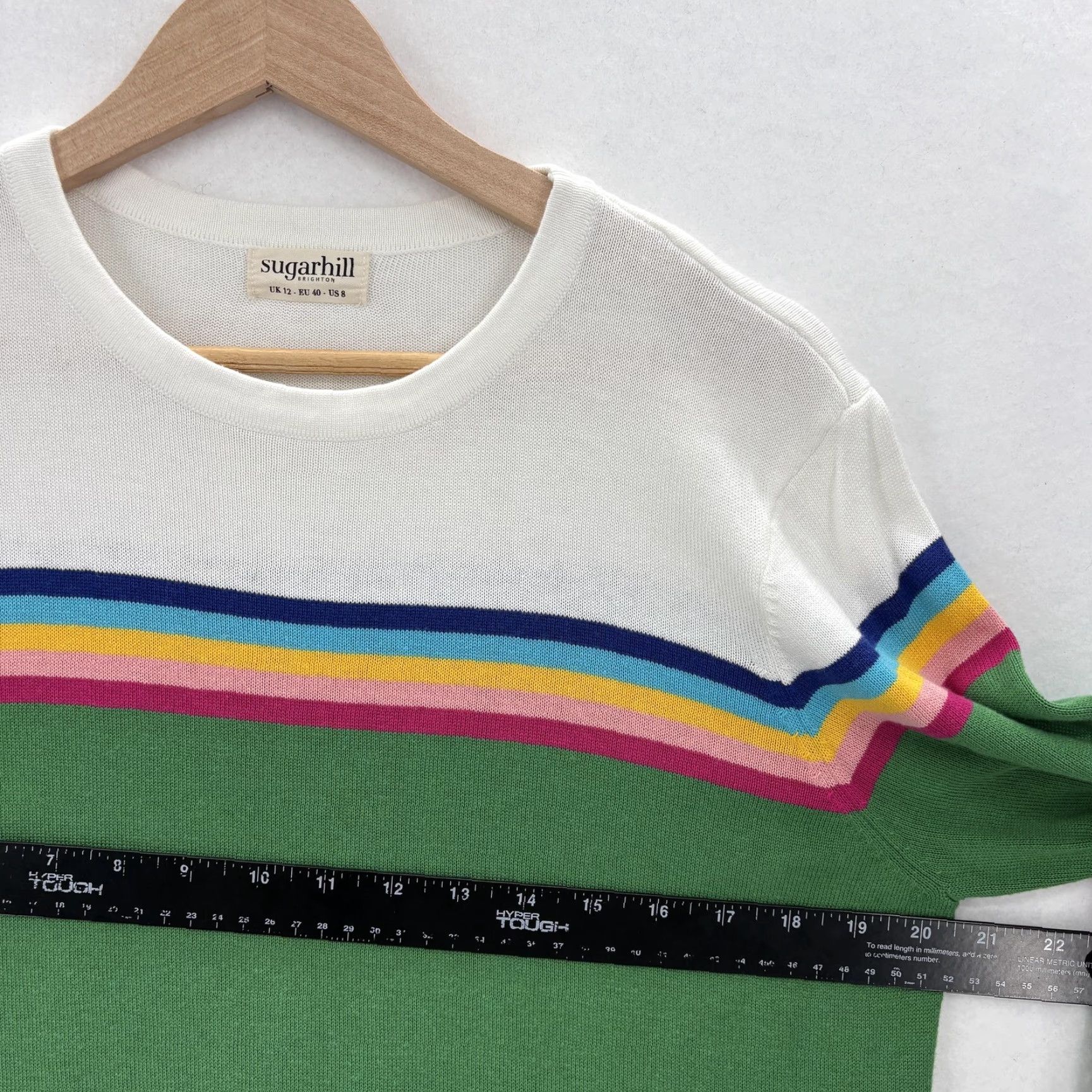 Vintage Sugarhill Brighton Sweater Womens 8 Green Rainbow Stripe Crew Neck Knit Jumper Size M / US 6-8 / IT 42-44 - 4 Thumbnail