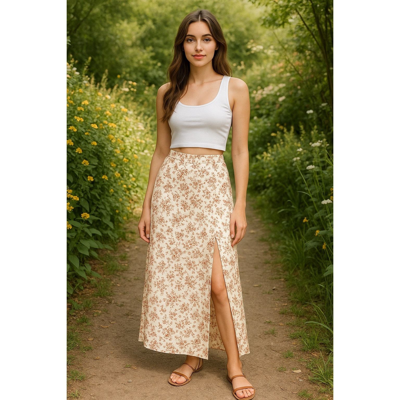 Shein Romantic Cottagecore Floral Maxi Skirt with Slit SHEIN ChXS Size 23" - 1 Thumbnail