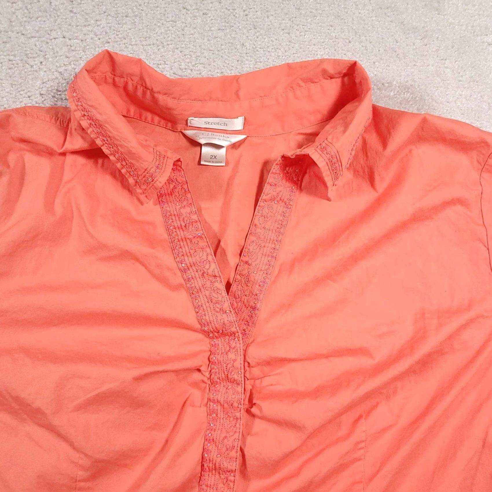 Pinko CJ Banks Shirt Womens 2X Pink Coral Stretch Embellished Long Sleeve Collared Top Size XXL / US 16-18 / IT 52-54 - 3 Thumbnail