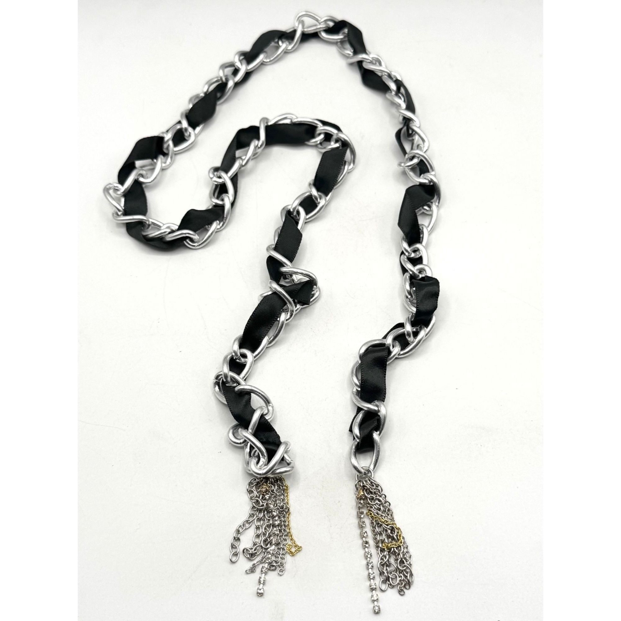 Vintage Black ribbon silver rhinestone chain lariat tassel necklace Size ONE SIZE - 1 Thumbnail