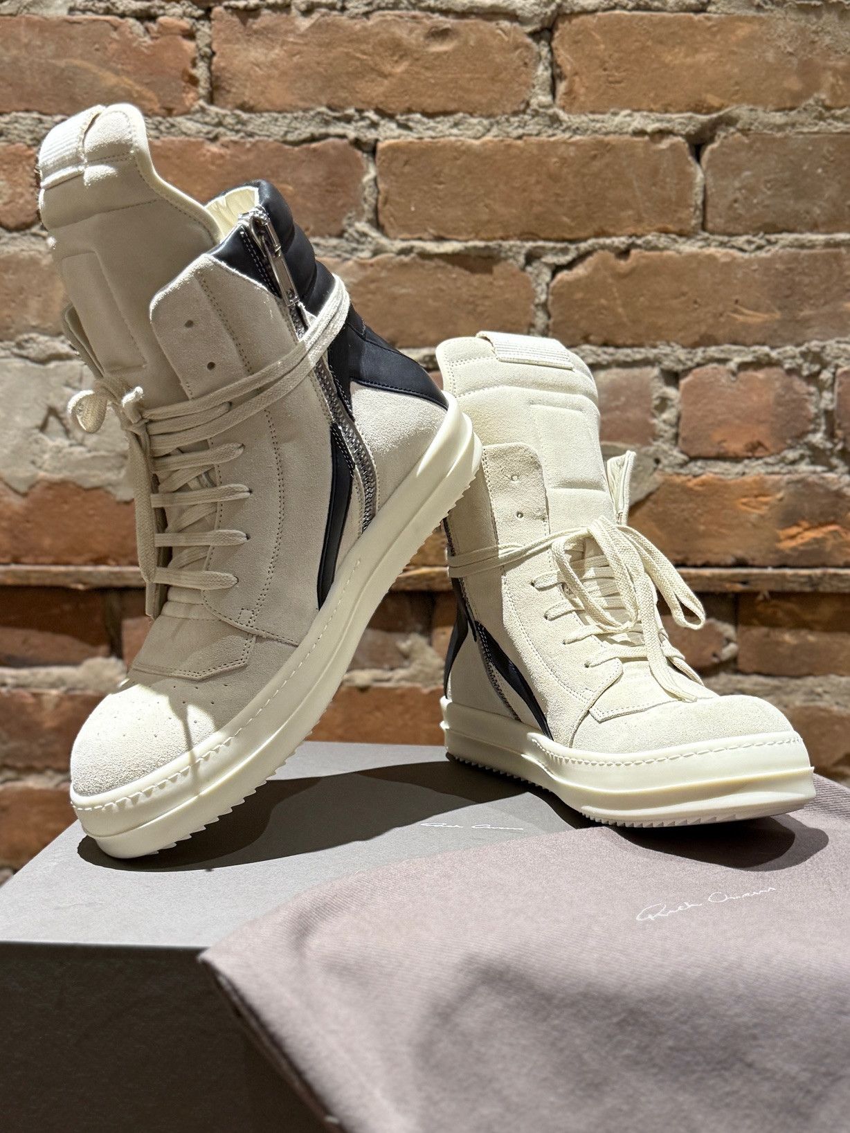 Rick Owens Rick Owens Geobasket Sneakers – White/Black Suede Leather Size US 8 / EU 41 - 8 Thumbnail