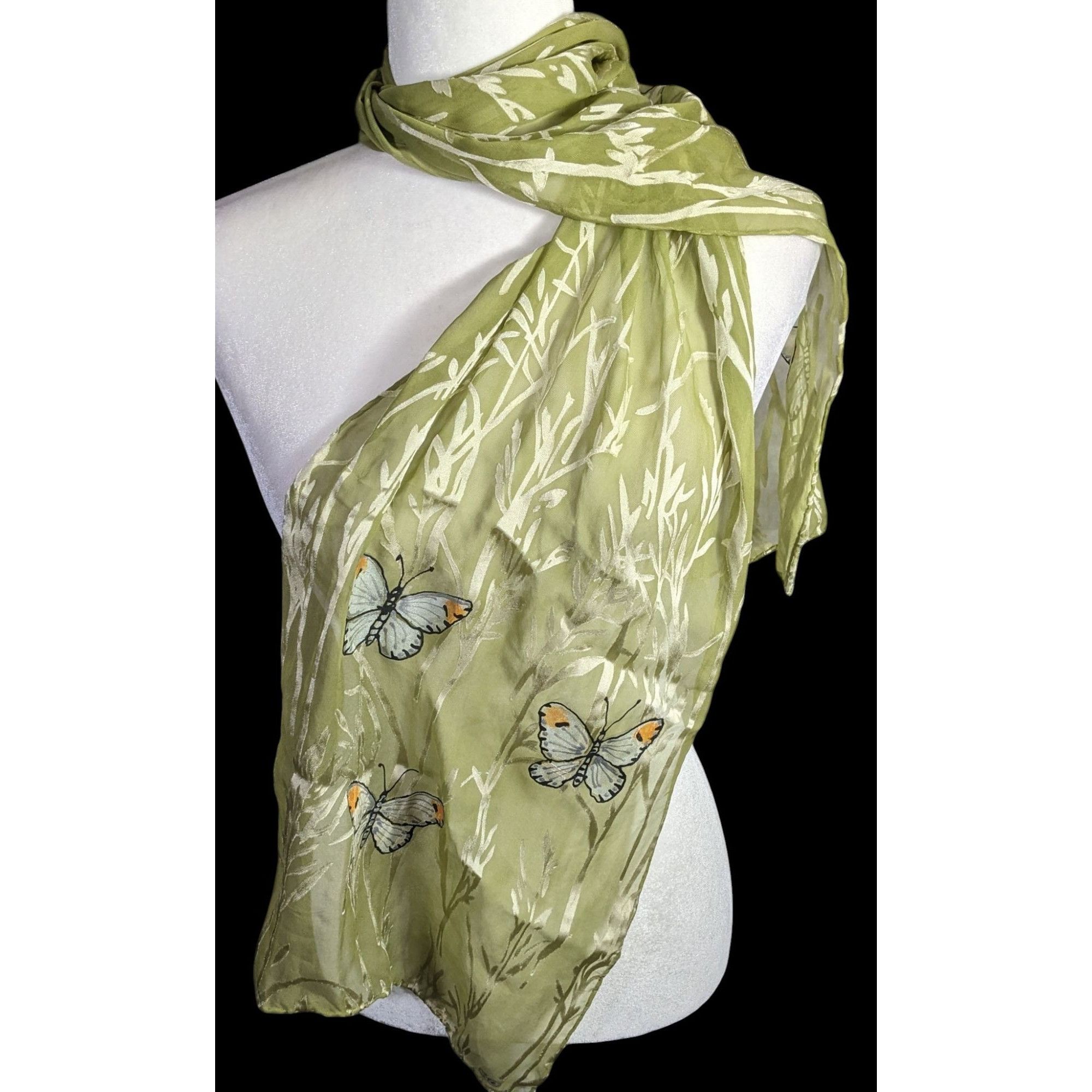 Handmade Vintage Handmade Cottagecore Green Silk Scarf With Hand-Pain Size ONE SIZE - 2 Thumbnail
