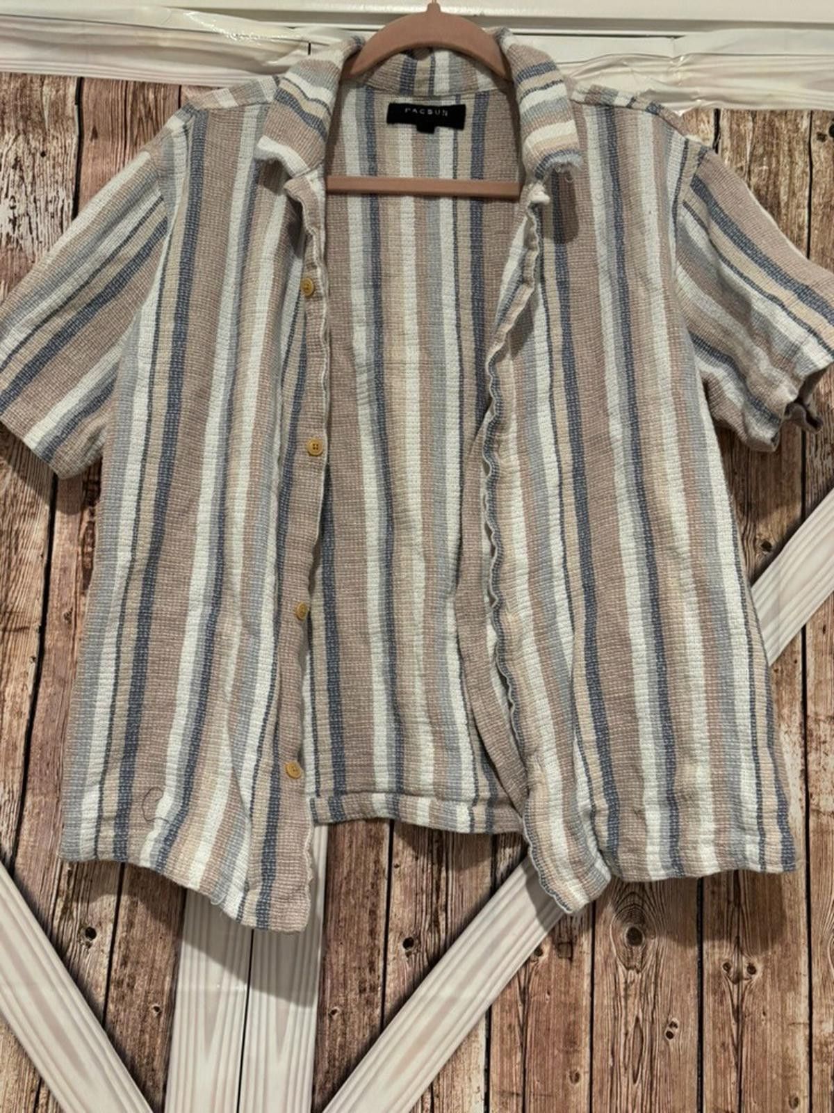 Pacsun Mens sz L Pacsun beige striped cotton collared shirt #316 Size US L / EU 52-54 / 3 - 1 Thumbnail