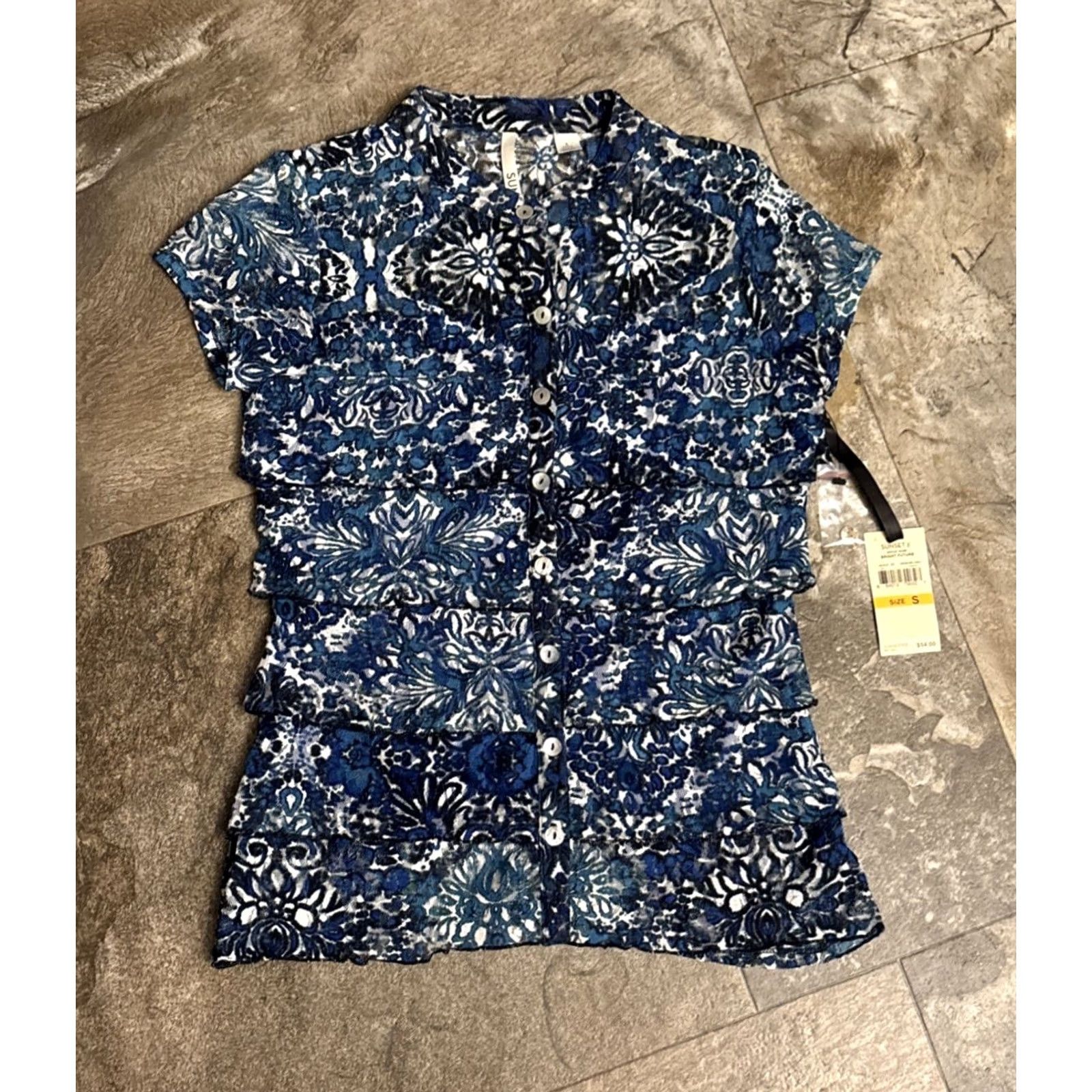 Vintage Sunset Rd Blouse Shirt Short Sleeve Blue Floral Bohemian Lined Sheer Ruffle Button NWT Sz S Womens Regular Adult Small Size S / US 4 / IT 40 - 2 Thumbnail