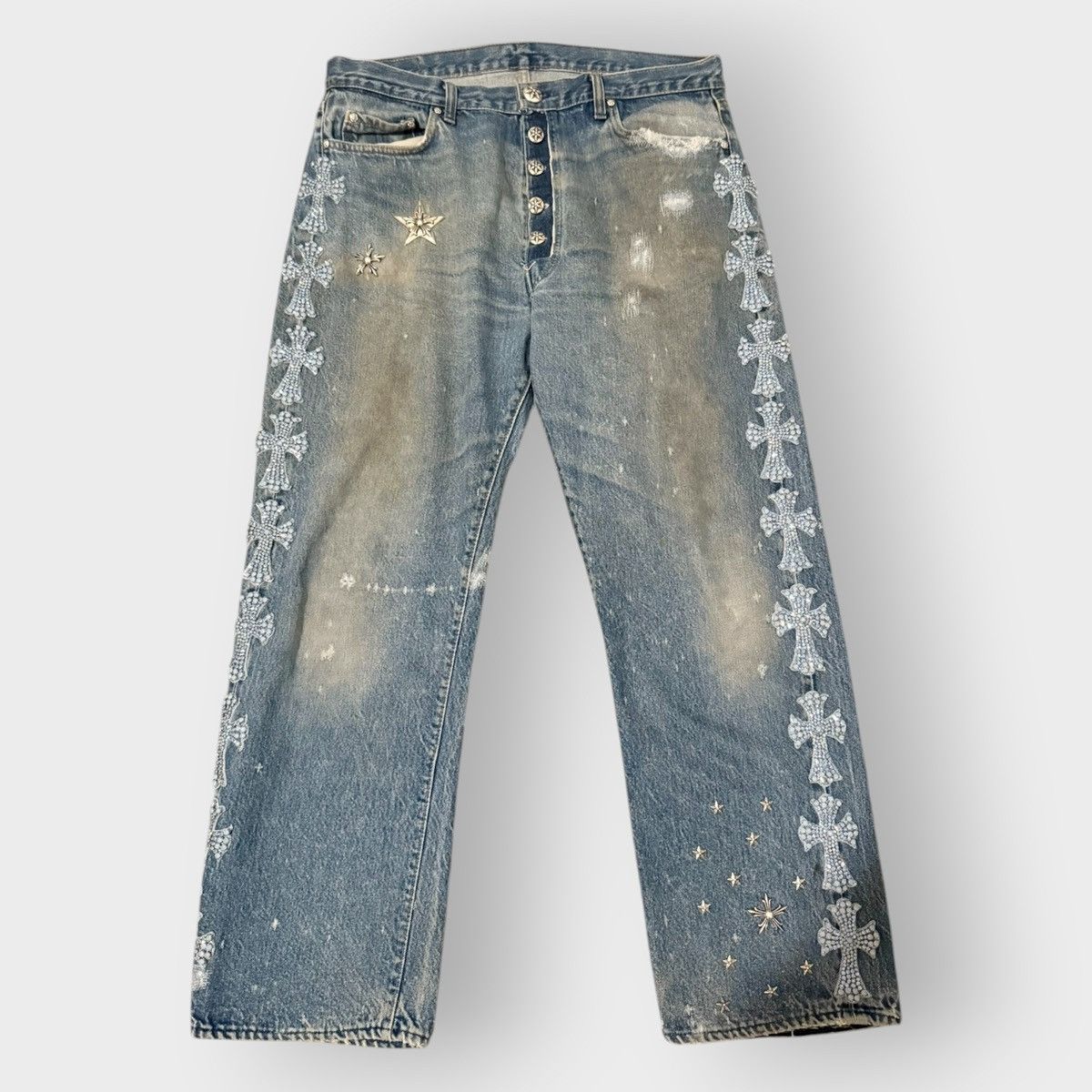 Pre-owned Chrome Hearts Canes Exclusive Diamond Crosses Sliver Jeans In Blue