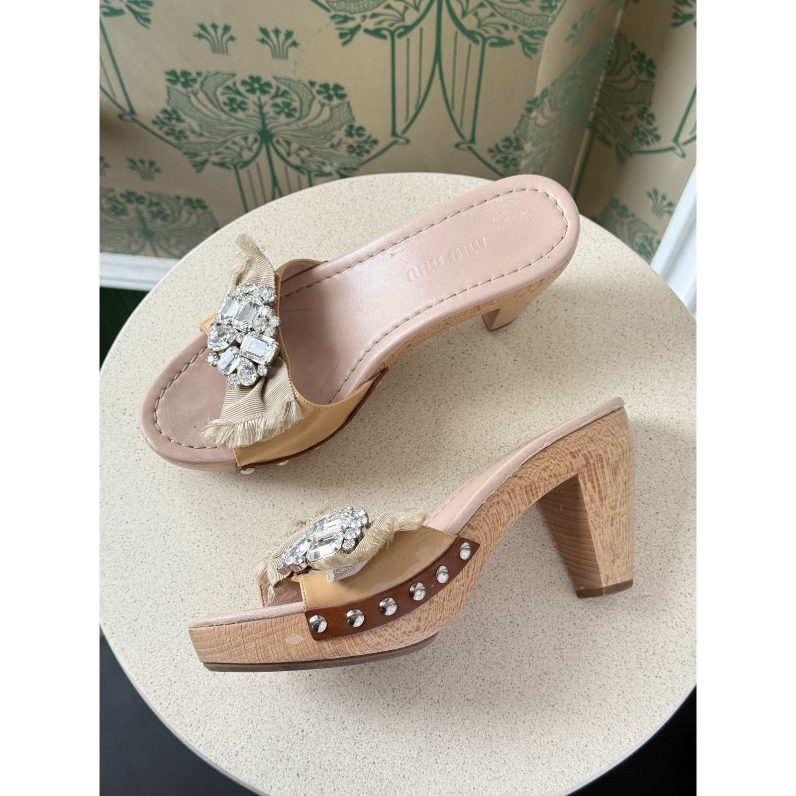 Miu Miu Miu Miu Beige Patent Leather Crystal Embellished Clogs Size US 6 / IT 36 - 2 Thumbnail