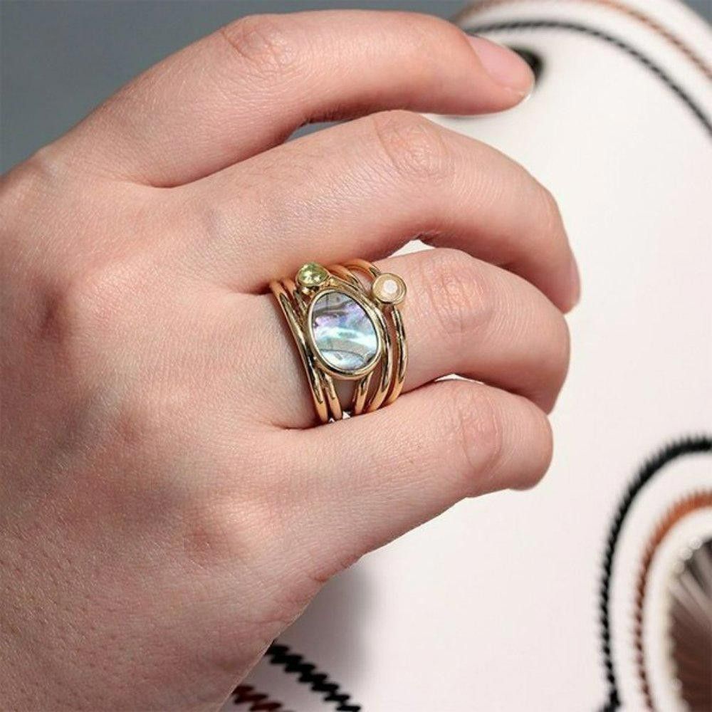 Designer Retro Moonstone Mosaic Gold Bohemian Ring - Size 6 Size ONE SIZE - 7 Thumbnail