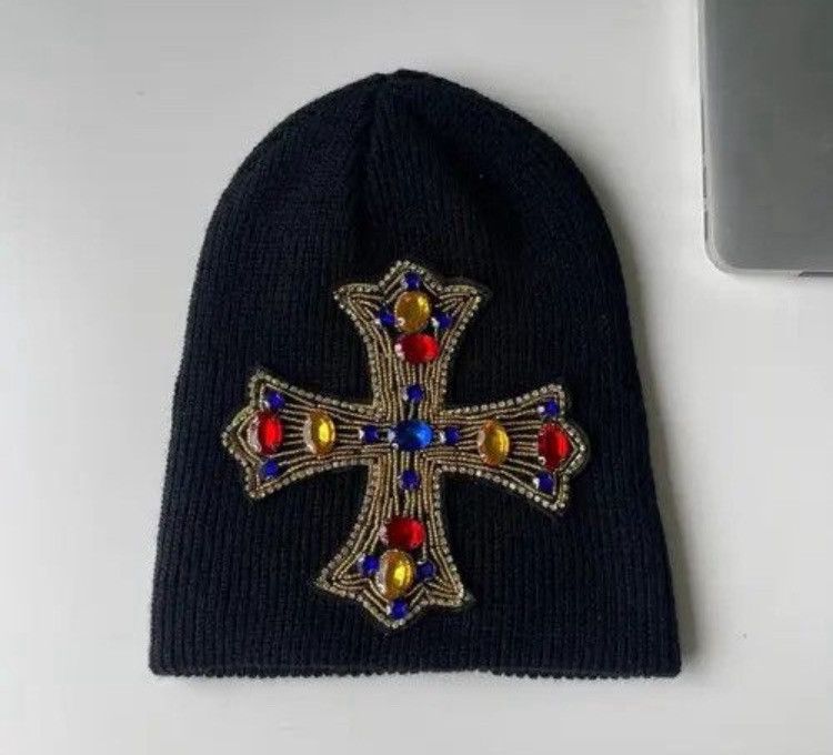 Japanese Brand Outdoor retro huge rhinestone cross knitted beanie hat Size ONE SIZE - 3 Thumbnail