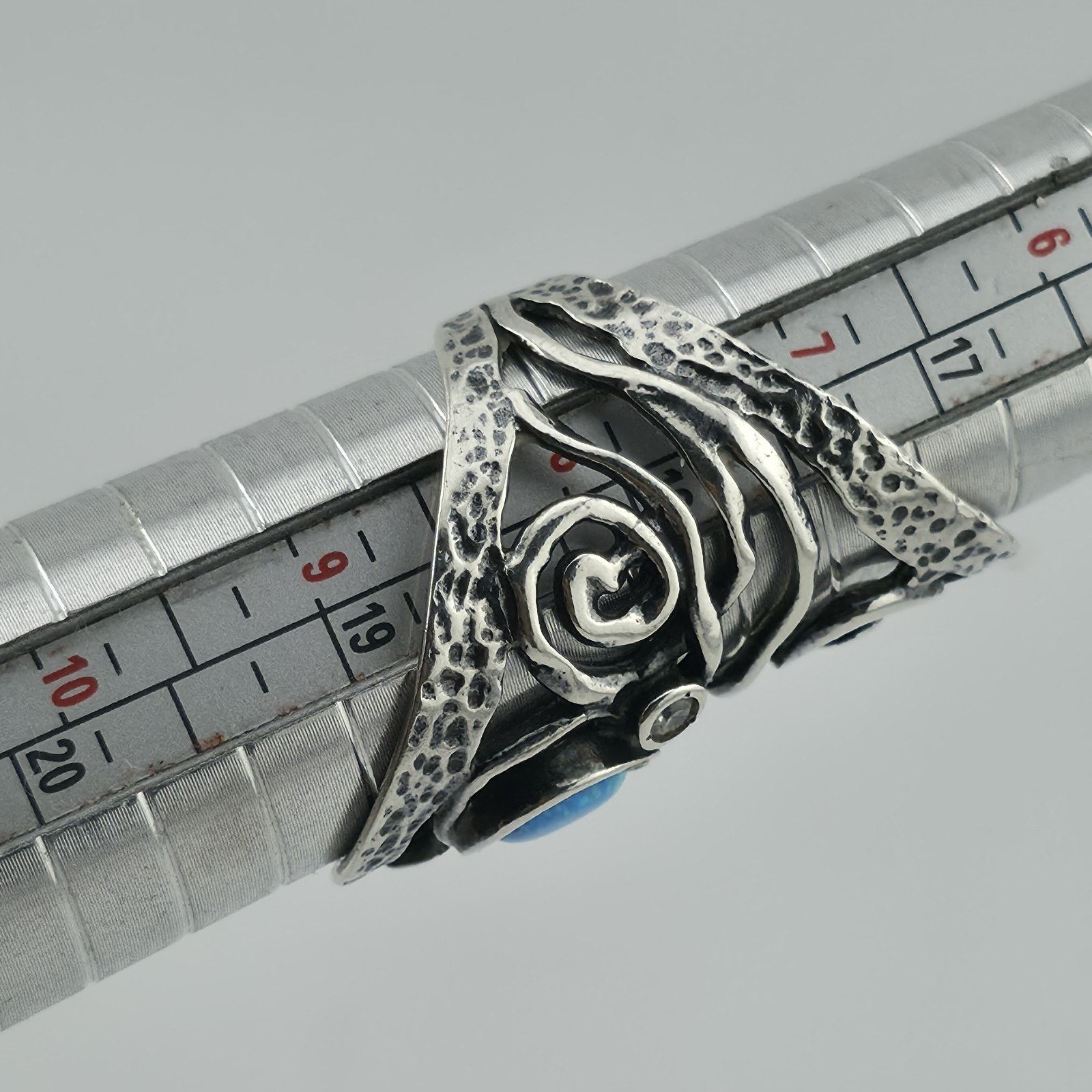 Other Israel Sterling Silver Ring 8 Blue Opal Wide Band Abstract Size ONE SIZE - 9 Thumbnail