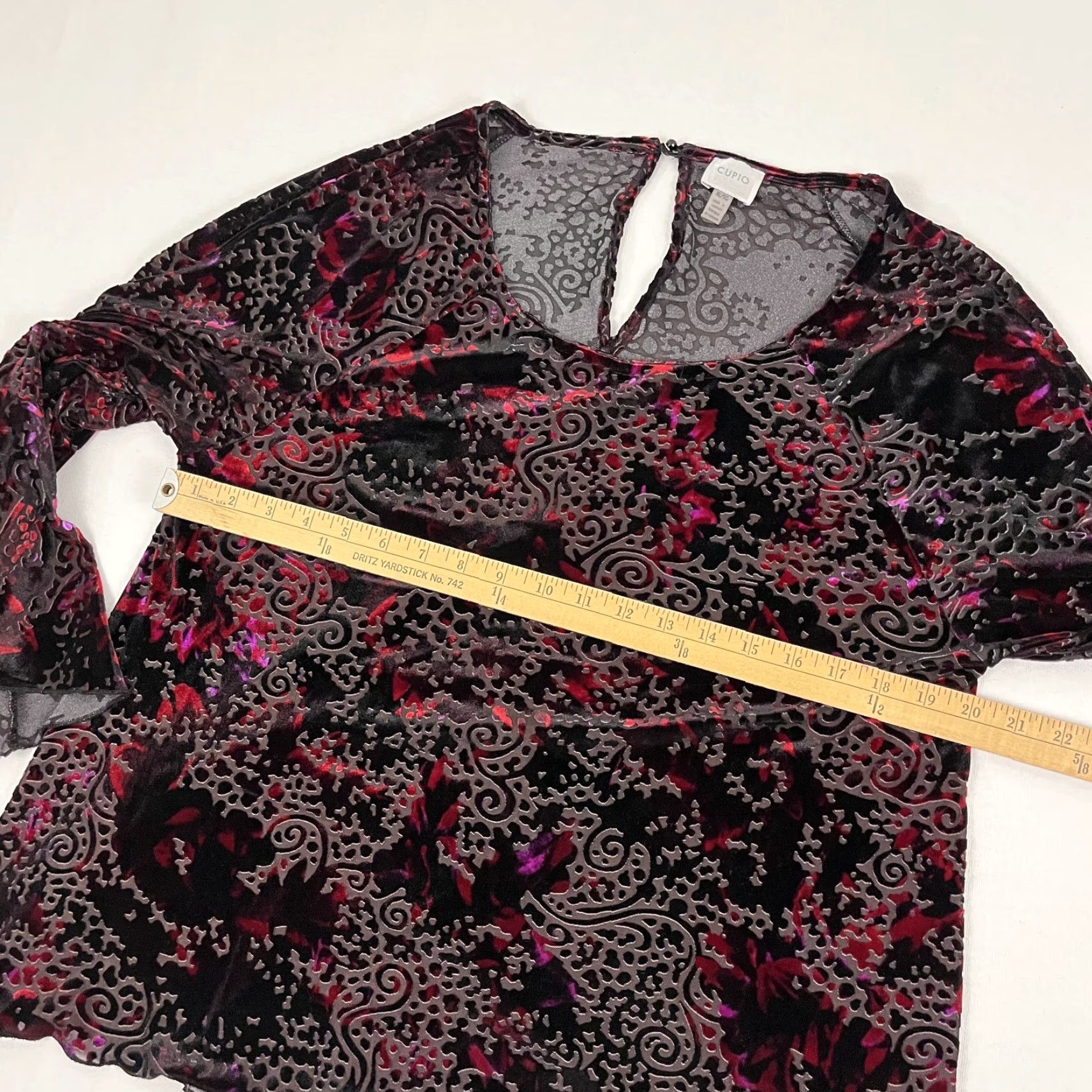 Velvet Cupio Whimsigoth Top Blouse Velvet Burnout Trumpet Sleeve XL Black Women Long Sleeve Knit & Floral Pattern | Regular Fit, Round Neck, Machine Washable Size XL / US 12-14 / IT 48-50 - 3 Thumbnail