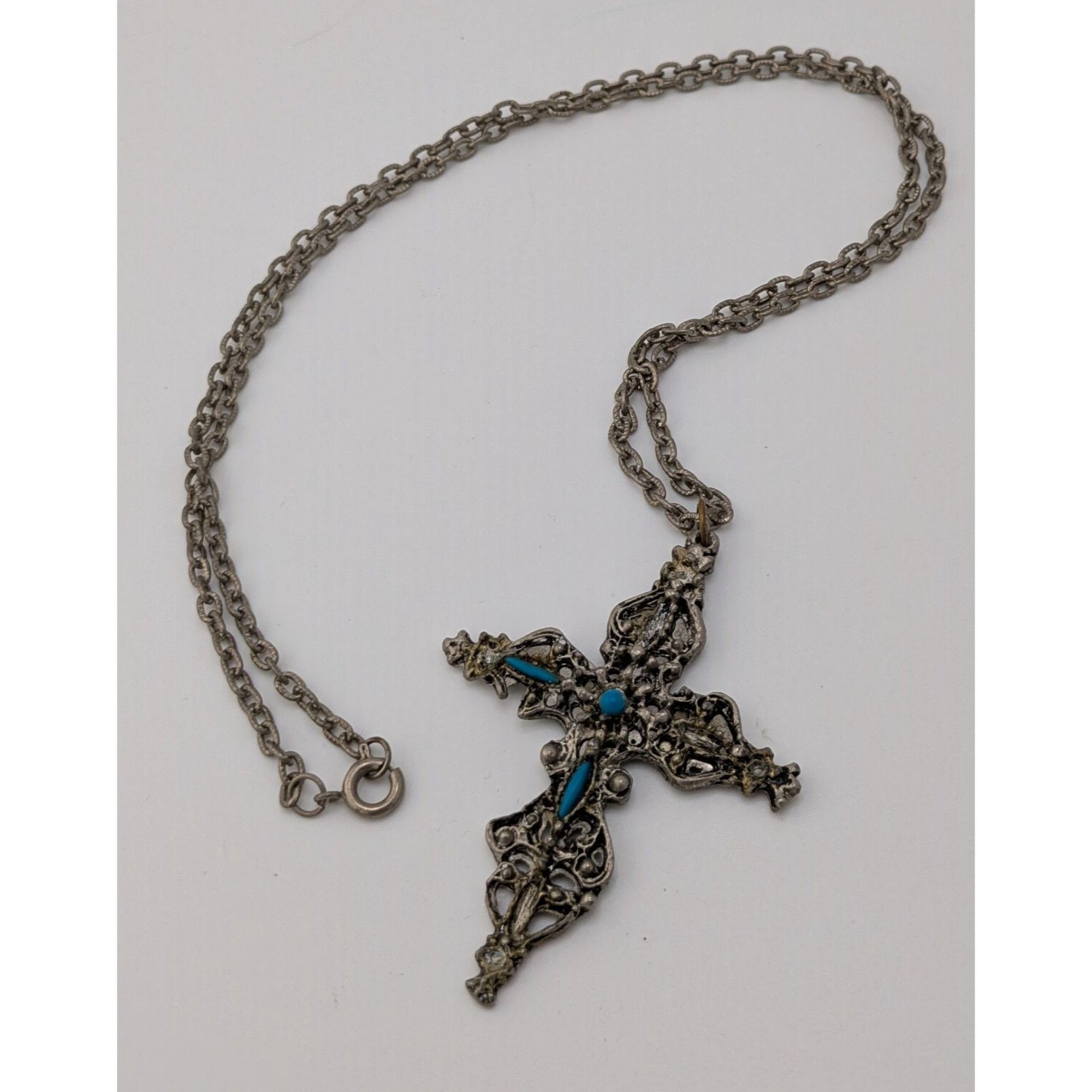 Other Vintage Gothic Ornate Silver Tone Cross Necklace With Blue S Size ONE SIZE - 6 Thumbnail