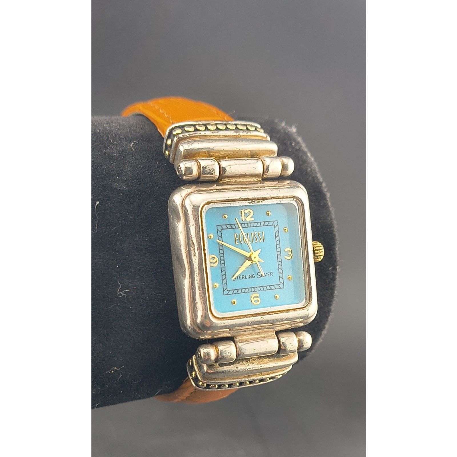 Ecclissi ladies blue square dial Sterling silver brown leather watch NEW BATTERY Ecclissi Sterling Silver Watch Turquoise Dial Square Case main image 4