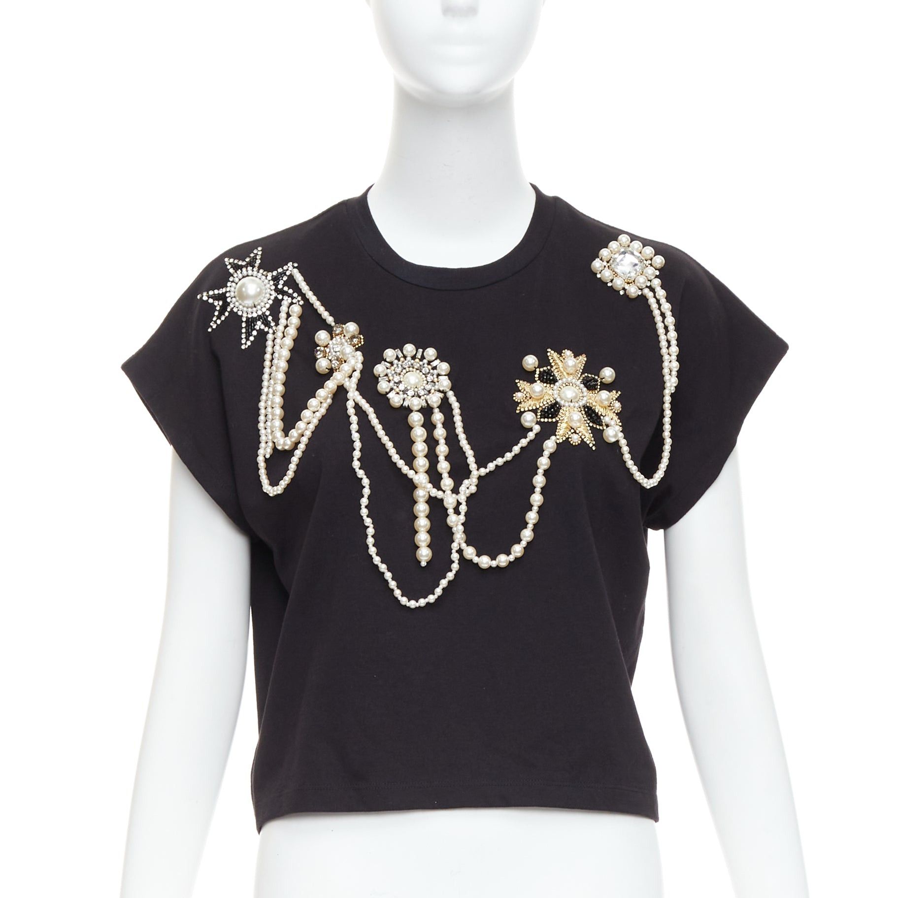 Balmain BALMAIN black cotton pearl bead embellished crop tshirt XS Size S / US 4 / IT 40 - 1 Thumbnail