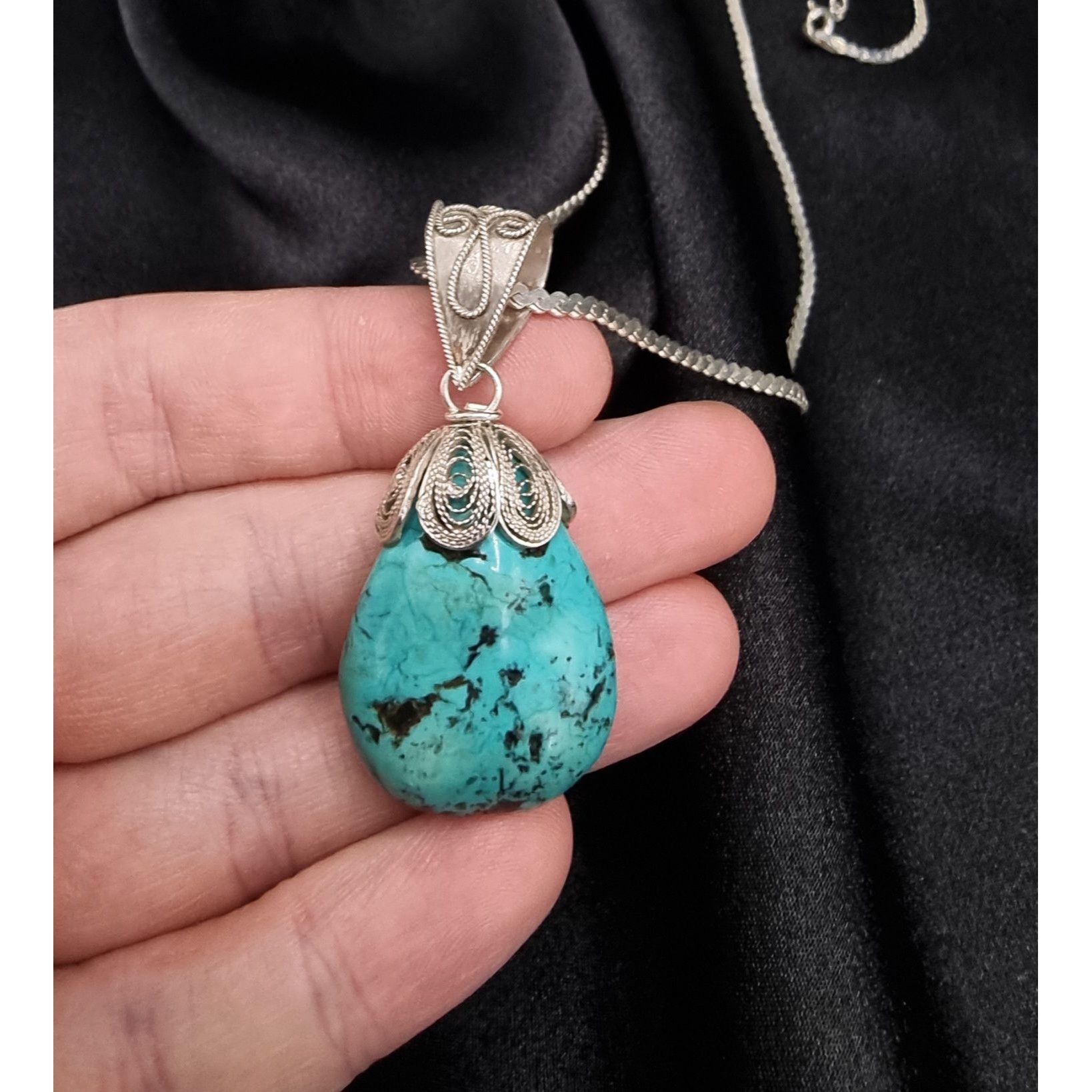 Vintage Genuine Turquoise Pendant Necklace China Signed 925 Sterling Size ONE SIZE - 4 Thumbnail