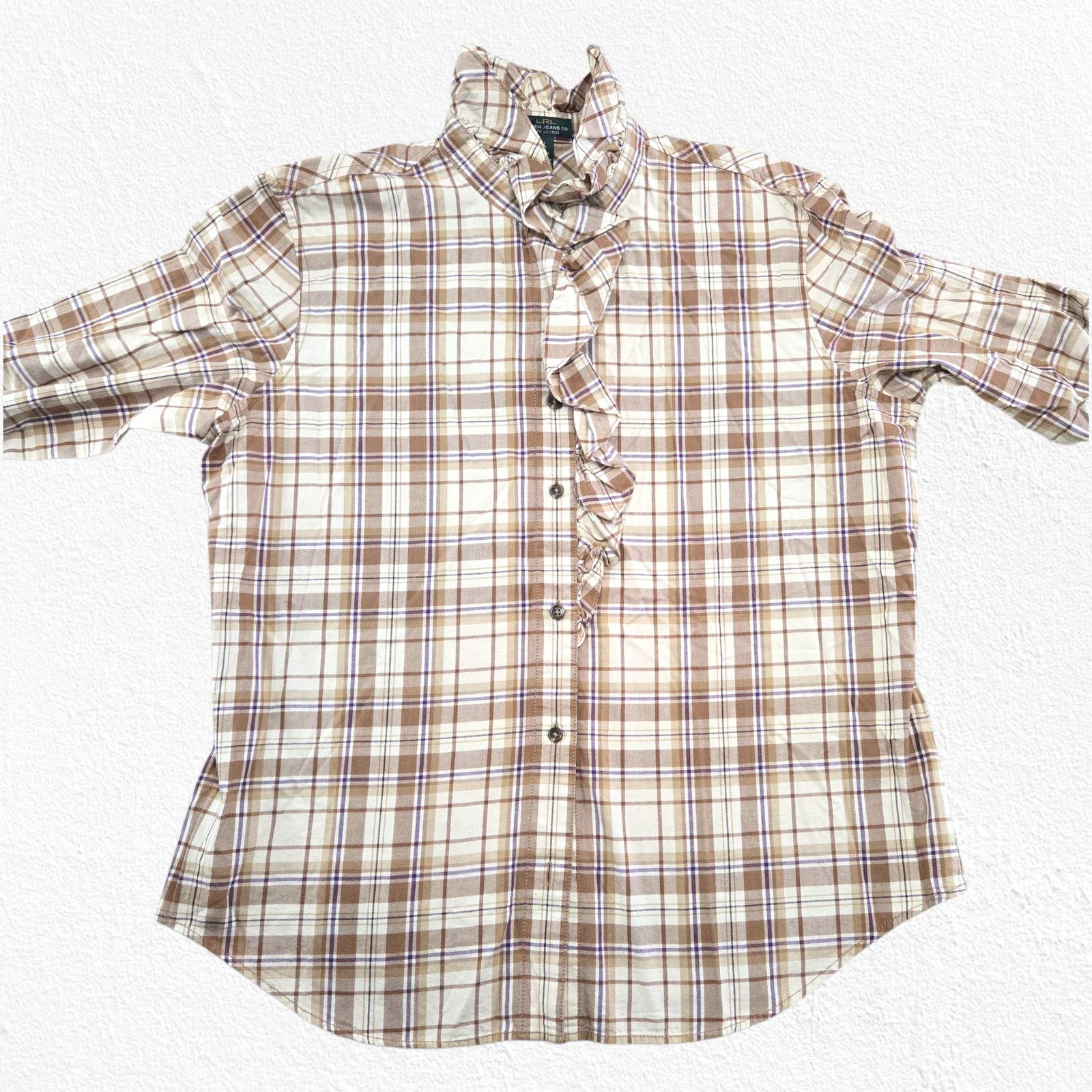 Ralph Lauren Y2K Ralph Lauren Plaid Tan Ruffle Button Up Blouse Size XL Size XL / US 12-14 / IT 48-50 - 3 Thumbnail