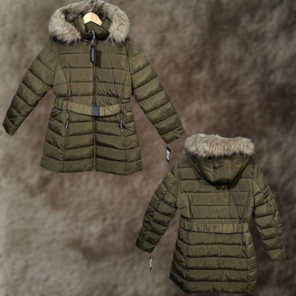 Tommy Hilfiger Tommy Hilfiger Women's Puffer Jacket Hooded Mid-Length XL Olive Green Belted Waist Full Zip Size XL / US 12-14 / IT 48-50 - 1 Thumbnail