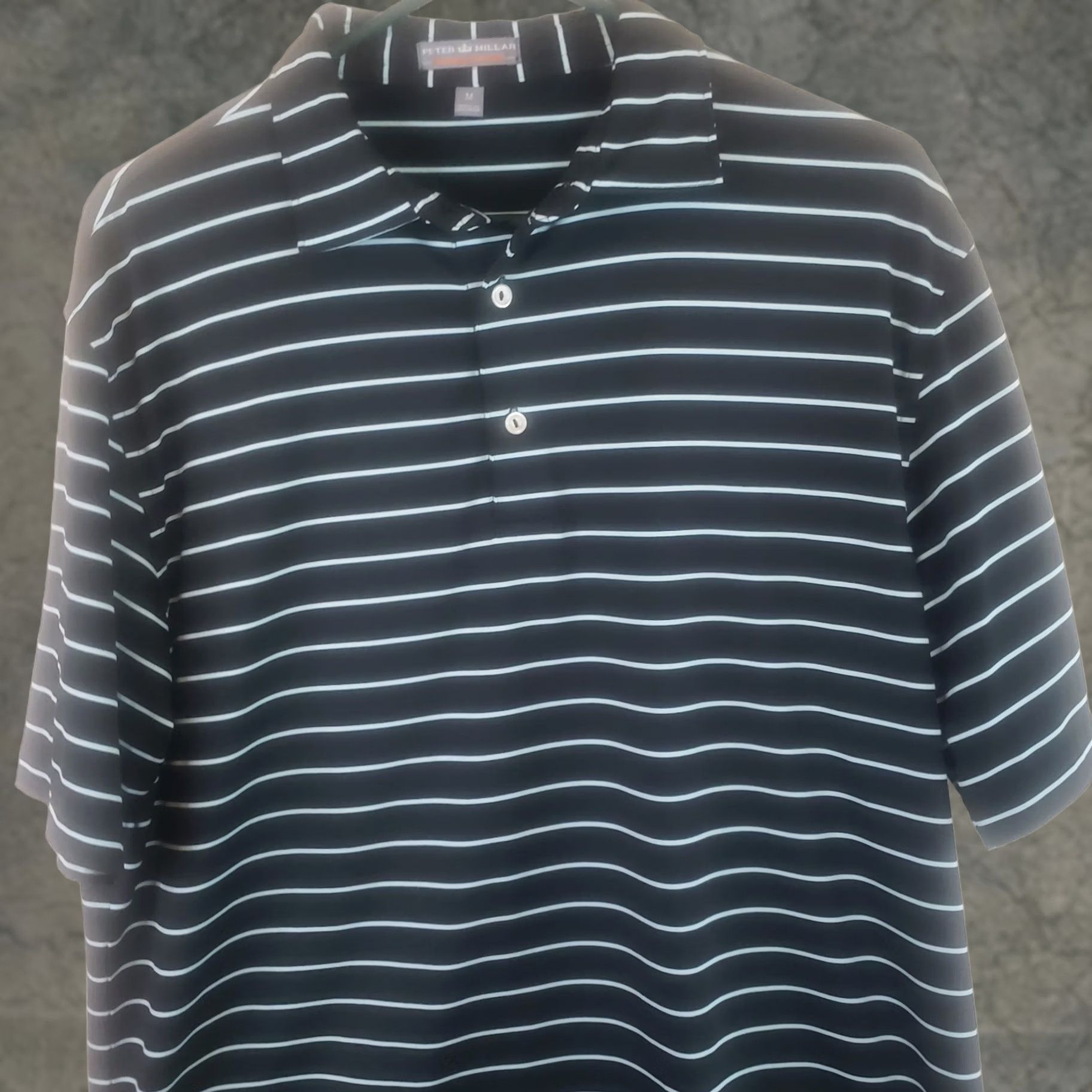 Peter Millar Polo Shirt Men M Black Teal Striped Golf Summer Comfort Short Slv Shirts Polo Men