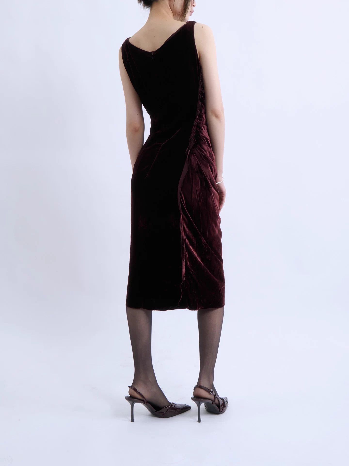 Prada PRADA Vintage Wine Red Velvet Asymmetric Pleated Dress Size M / US 6-8 / IT 42-44 - 3 Thumbnail