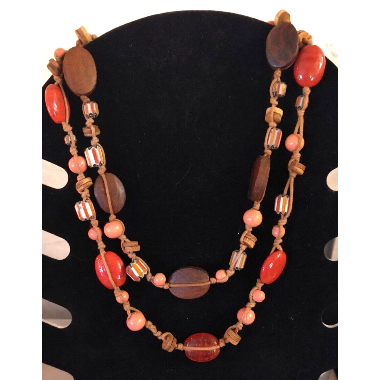 Other 2 Strand Plastic/Wood/Coral Color Bead 16" Choker Leather Size ONE SIZE - 1 Thumbnail
