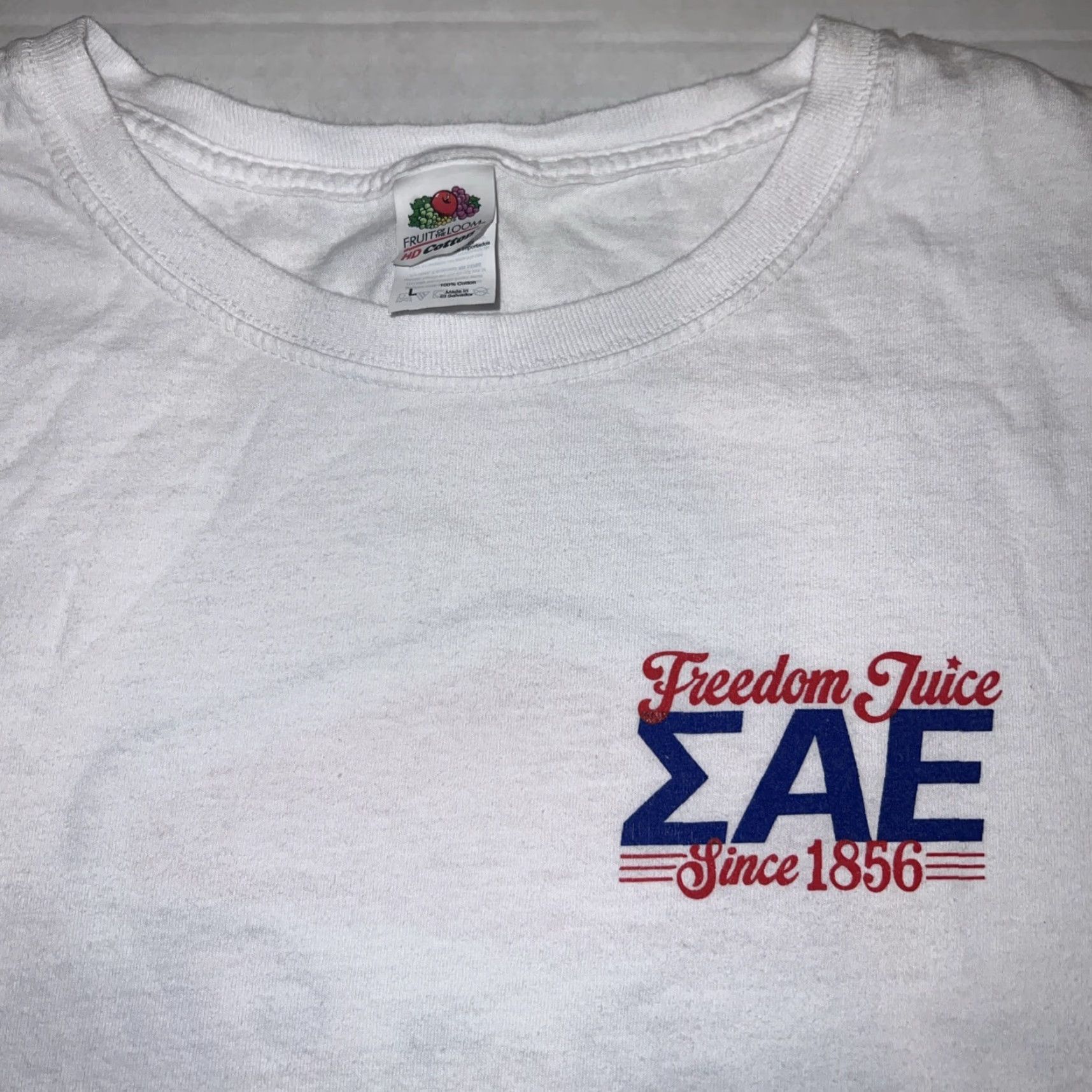 Fruit Of The Loom VINTAGE UCLA Bruins SAE Sigma Alpha Epsilon Fraternity Freedom Juice Parody Shirt L Men White Cotton Graphic Tee Size US L / EU 52-54 / 3 - 4 Thumbnail