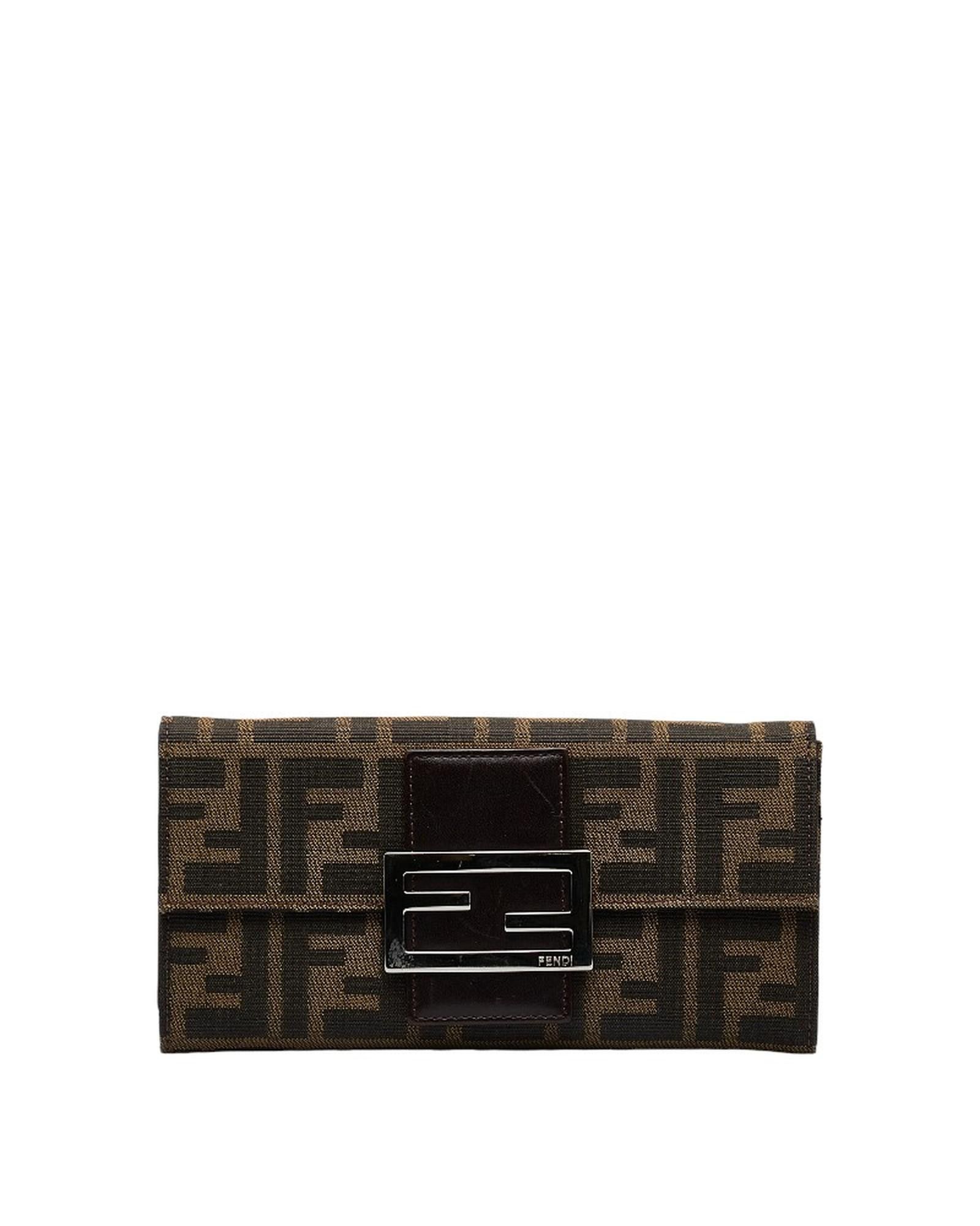 image of Fendi Multiple Compartment Brown Canvas Long Wallet With Zipper Closure, Women's