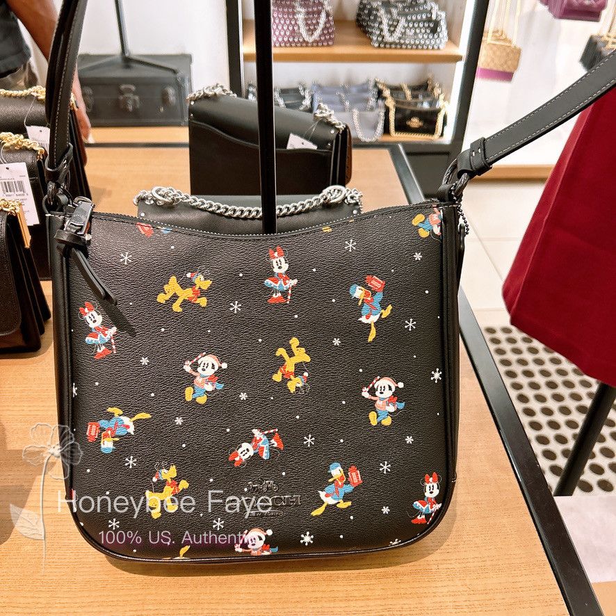 image of NWT Disney X Coach Ellie File Bag With Holiday Print Cm847 in Black, Women's