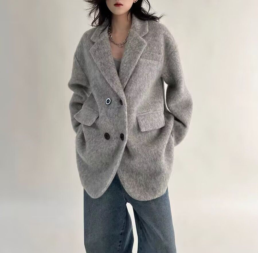 image of Vintage Retro British Style Thickened Suit Woolen Coat in Grey, Women's (Size Small)