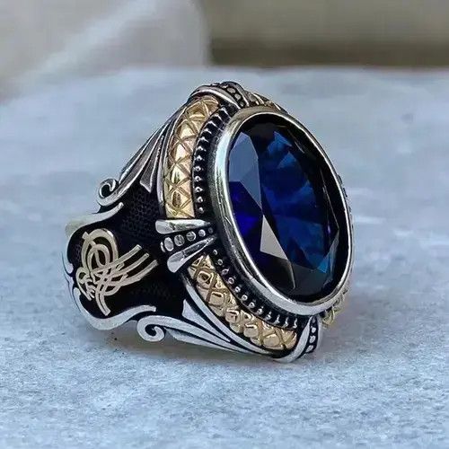 Jewelry European Blue Crystal Ring in Silver, Men's