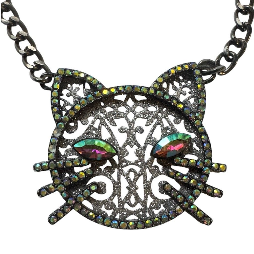 Betsey Johnson BETSY JOHNSON Jewelry Dark Magic Green Blue Eye Black Cat Rhinestone Glitter Sparkly Necklace Size ONE SIZE - 8 Thumbnail