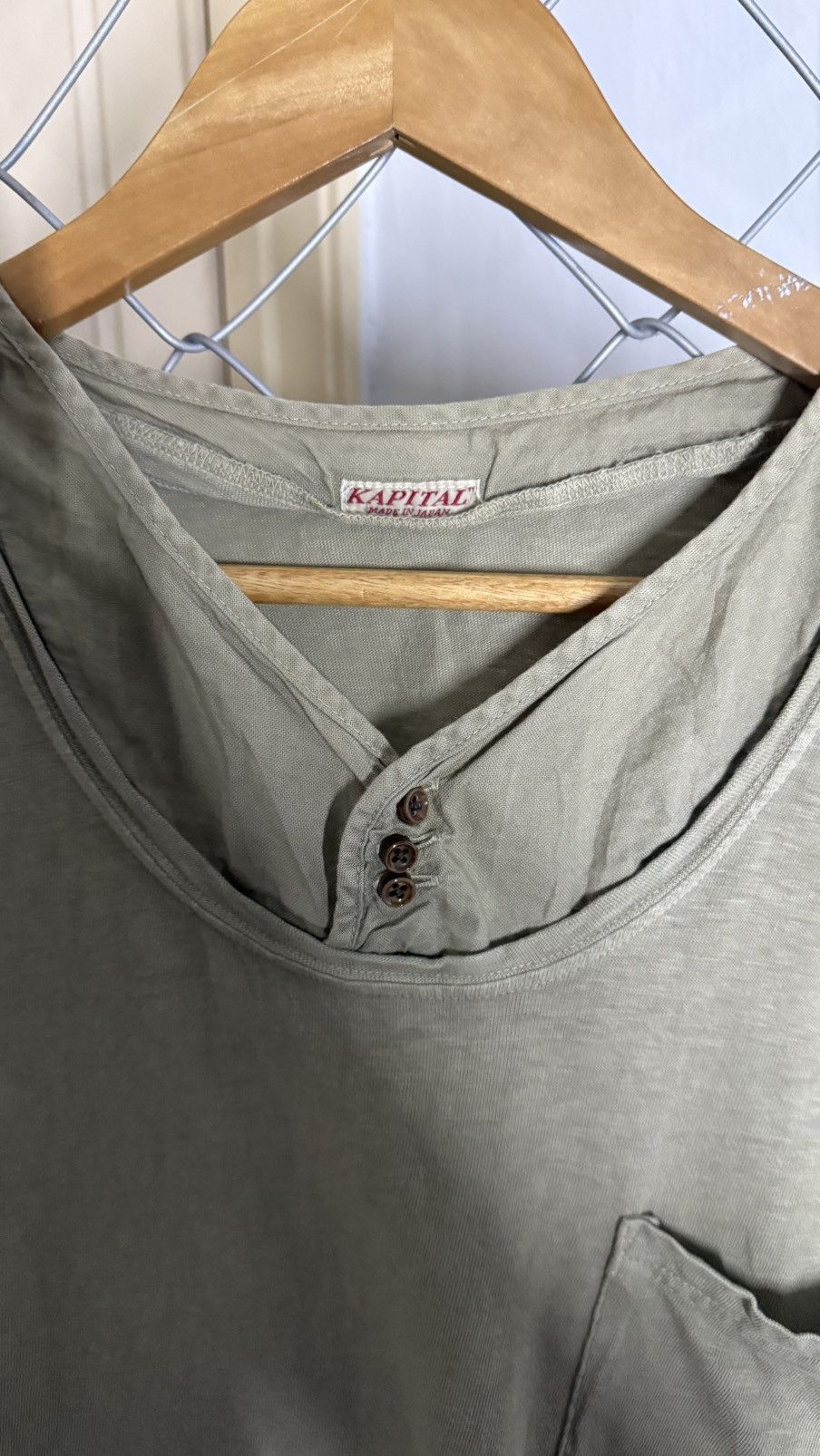 Kapital Vintage Kapital Japan Khaki Green Henley Pocket Tee Shirt Size US M / EU 48-50 / 2 - 5 Thumbnail