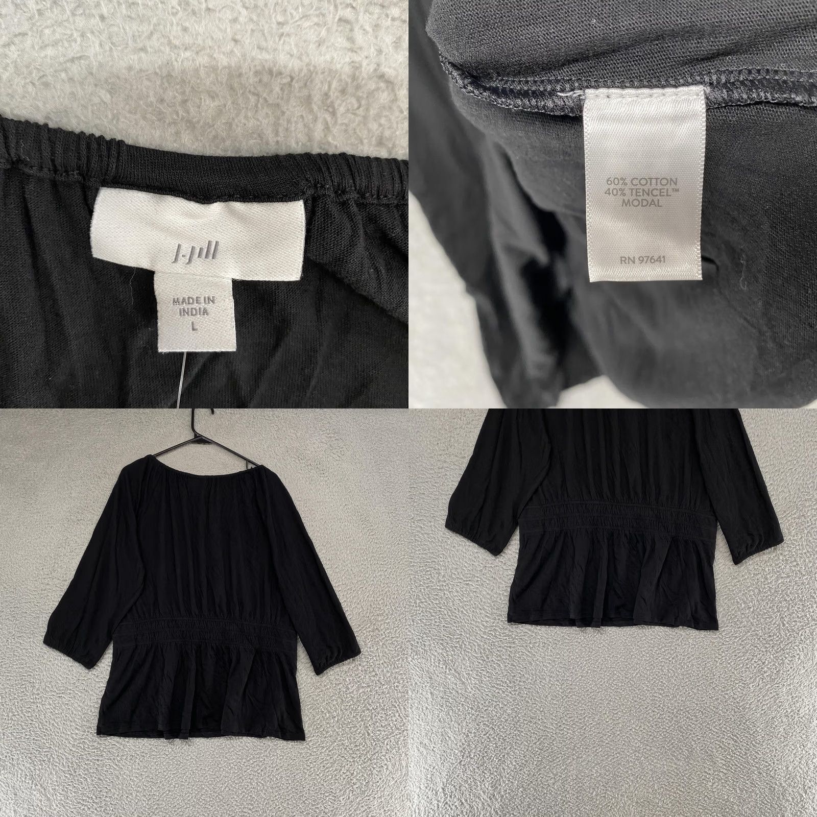 J. Jill J. Jill Blouse Womens Large Black 3/4 Sleeve Ruffle Boho Scoop Neck Top Casual Tunic Blouse with Smocked Details - Womens Size L / US 10 / IT 46 - 8 Thumbnail
