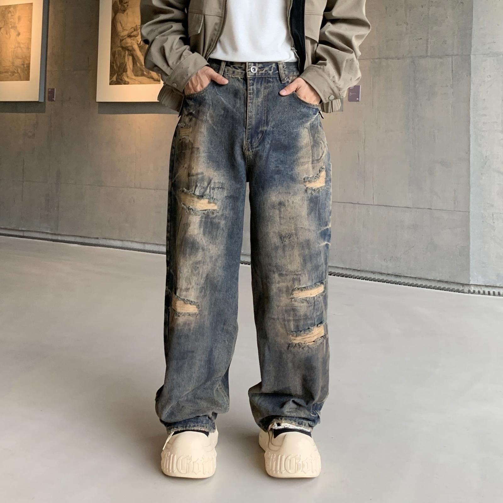 Vintage Distressed Wide Leg Denim Jeans, Baggy Fit Jeans Size US 30 / EU 46 - 6 Thumbnail