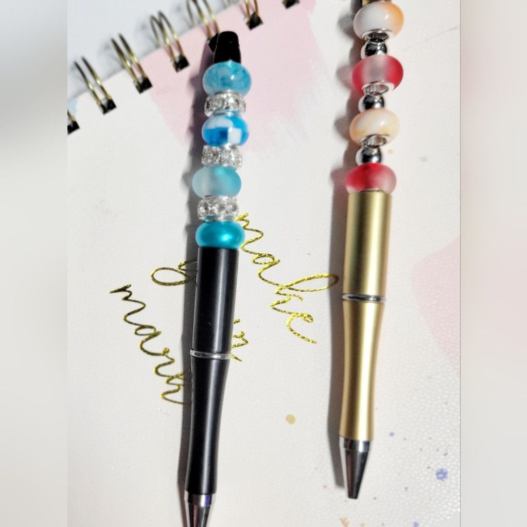 Handmade Set of 3x Large Beaded Pens in Black, White, and Gold. Size ONE SIZE - 3 Thumbnail