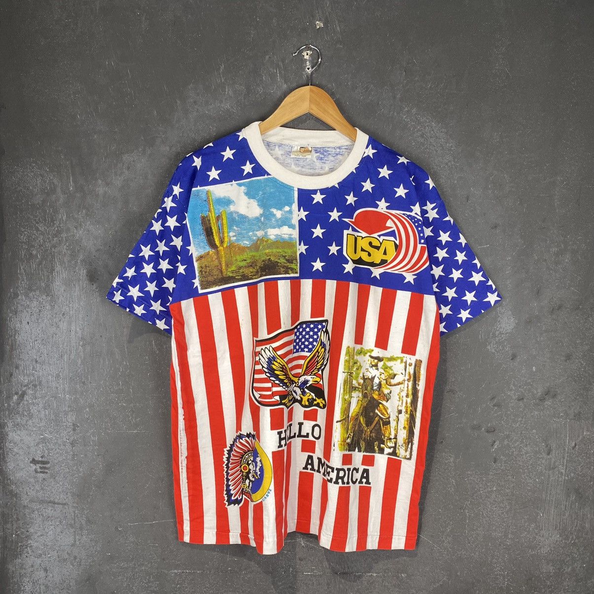 Vintage Rare 90s Hello America USA Red Indian Fullprint Tee Size US L / EU 52-54 / 3 - 1 Thumbnail