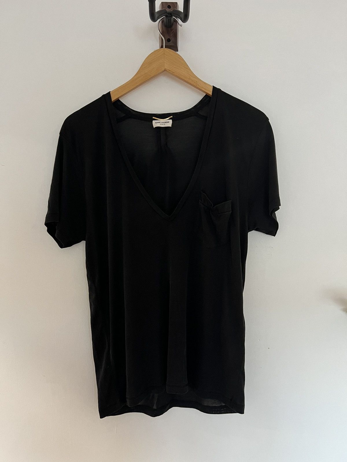 image of Saint Laurent Paris Hedi 2013 Silk Deep V Tshirt in Black, Men's (Size Medium)